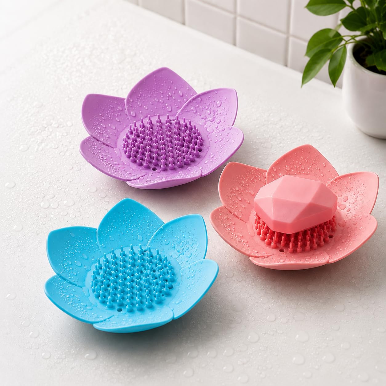 3Pcs Lotus Flower Soap Dishes with Drainage, Silicone Soap Holder for Shower, Self-Draining Bar Soap Tray for Bathroom Counter, Kitchen Sink & Bathtub, Soap Saver, Easy Dry