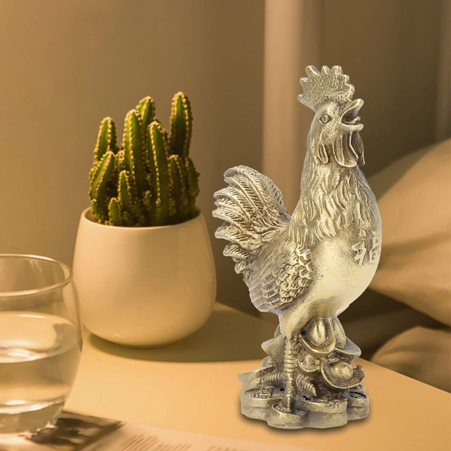 Metal Rooster Sculpture 3.94inch Height Rooster Garden Statue Decoration Brass Handmade Chicken Farm Animals Decoration Luck Wealth Symbol Ornament Feng Shui Golden for Home Office - Image 5