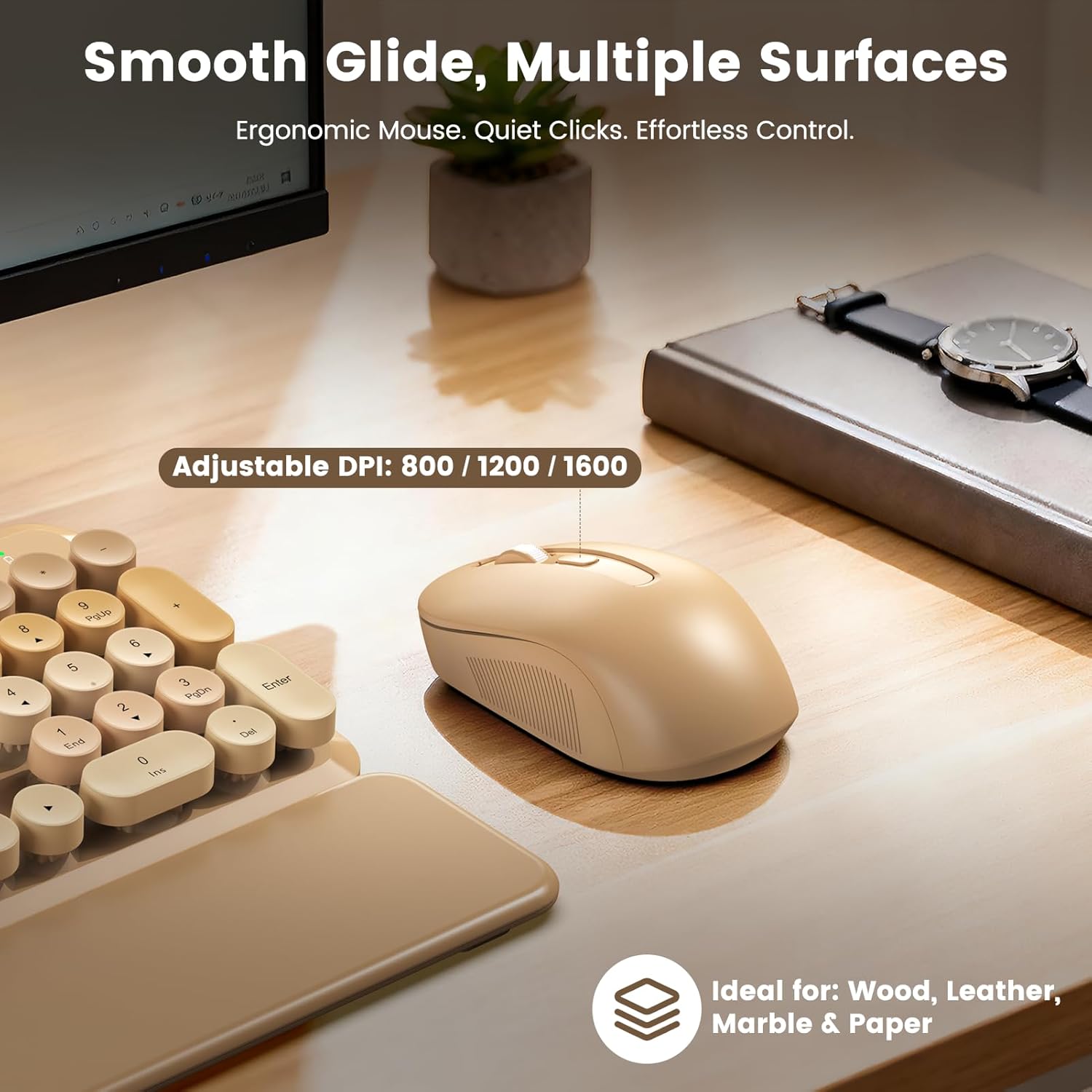 Wireless Keyboard and Mouse Combo, Cute Retro Typewriter Keyboard with Round Keycaps, Full-Size Aesthetic Keyboard with Magnetic Wrist Rest, 2.4GHz USB for Windows/Mac Desktop Laptop (Latte Gradient)