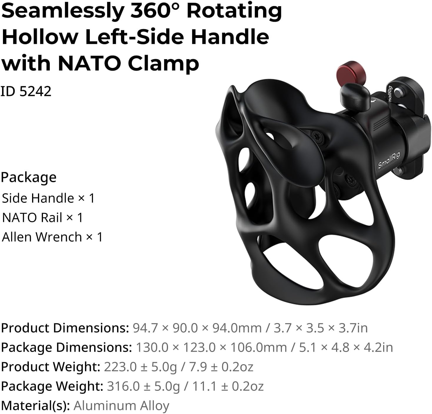 SMALLRIG Seamlessly 360° Rotating Hollow Left-Side Handle with NATO Clamp, Included an NATO Rail, 15kg/ 33lb Load, Quick Release for Camera Cages