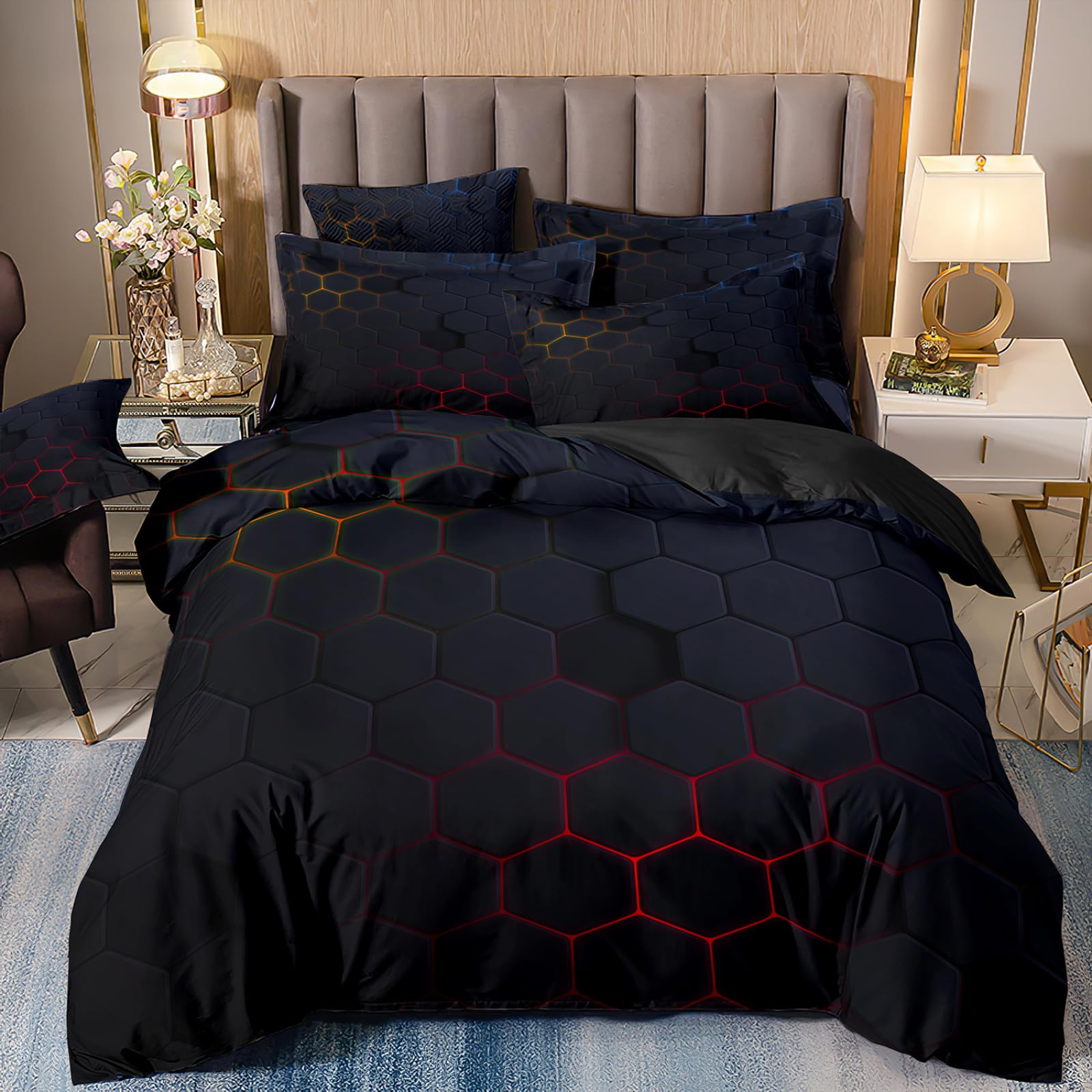 Dwetcxo King Size Duvet Cover Sets Black Blue Kingsize Duvet Cover Sets Microfiber Breathable King Size Bedding Soft Bedding with Zipper Closure+2 Pillowcases 50x75cm 220x240cm
