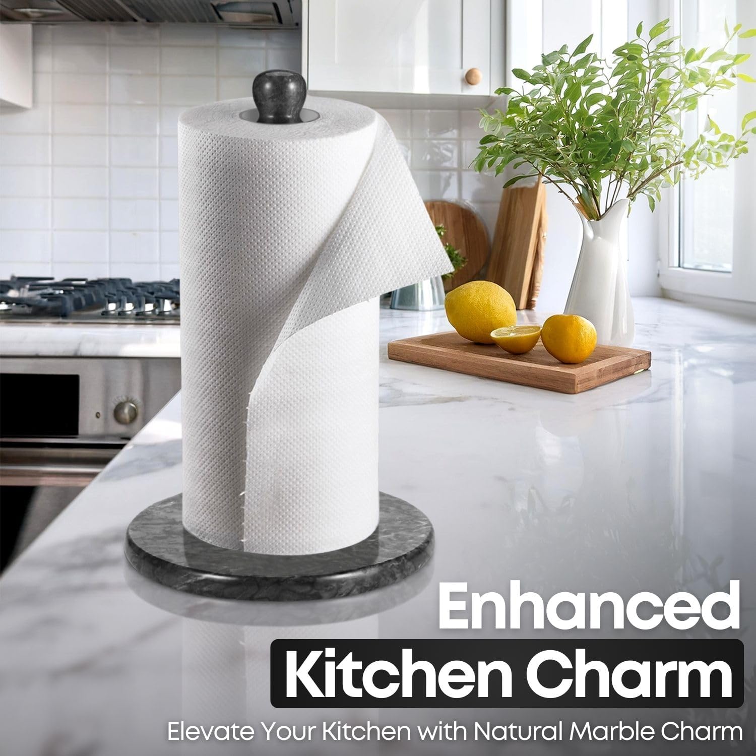 Flexzion Marble Paper Towel Holder 12 inch (Black) - Kitchen Countertop Paper Towel Holder Stand Rack with Roll Dispenser Pole and Weighted Marble Base for Tables Home Dining Bathroom Storage