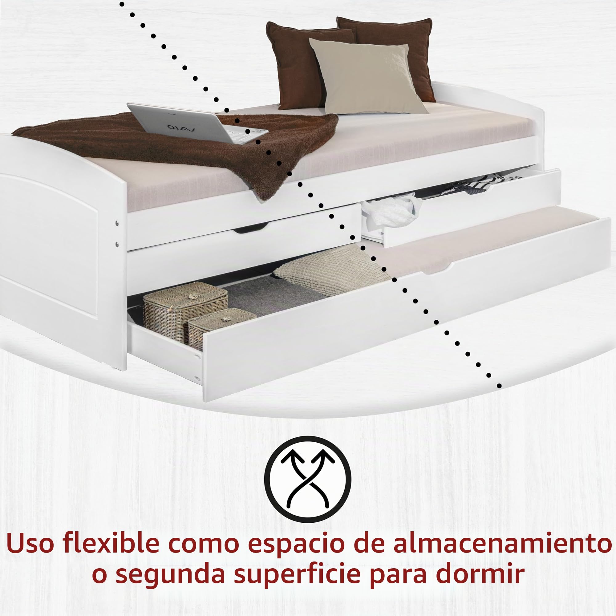 Inter Link - Cama Funcional 90x200 - con Espacio de Almacenamiento - Cuna - Cama Juvenil - Cama con cajones - Cama de Madera Maciza - 2 cajones - 1 cajón Blanco - Madera Maciza - Ried