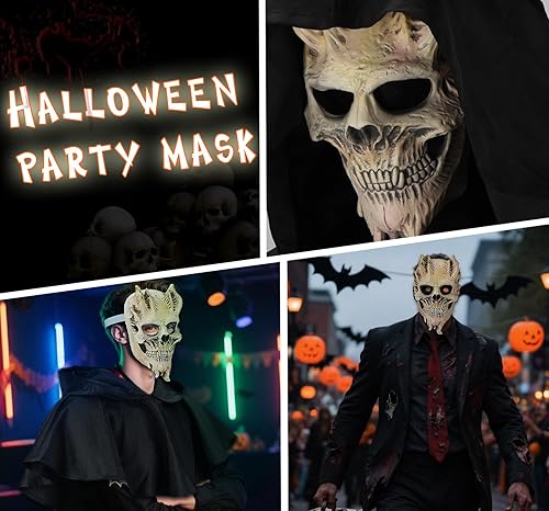 Miniatura 4 de Máscara de calavera, máscara aterradora de Halloween con capa negra, casco de látex, máscara de esqueleto para fiesta de Halloween, disfraces,