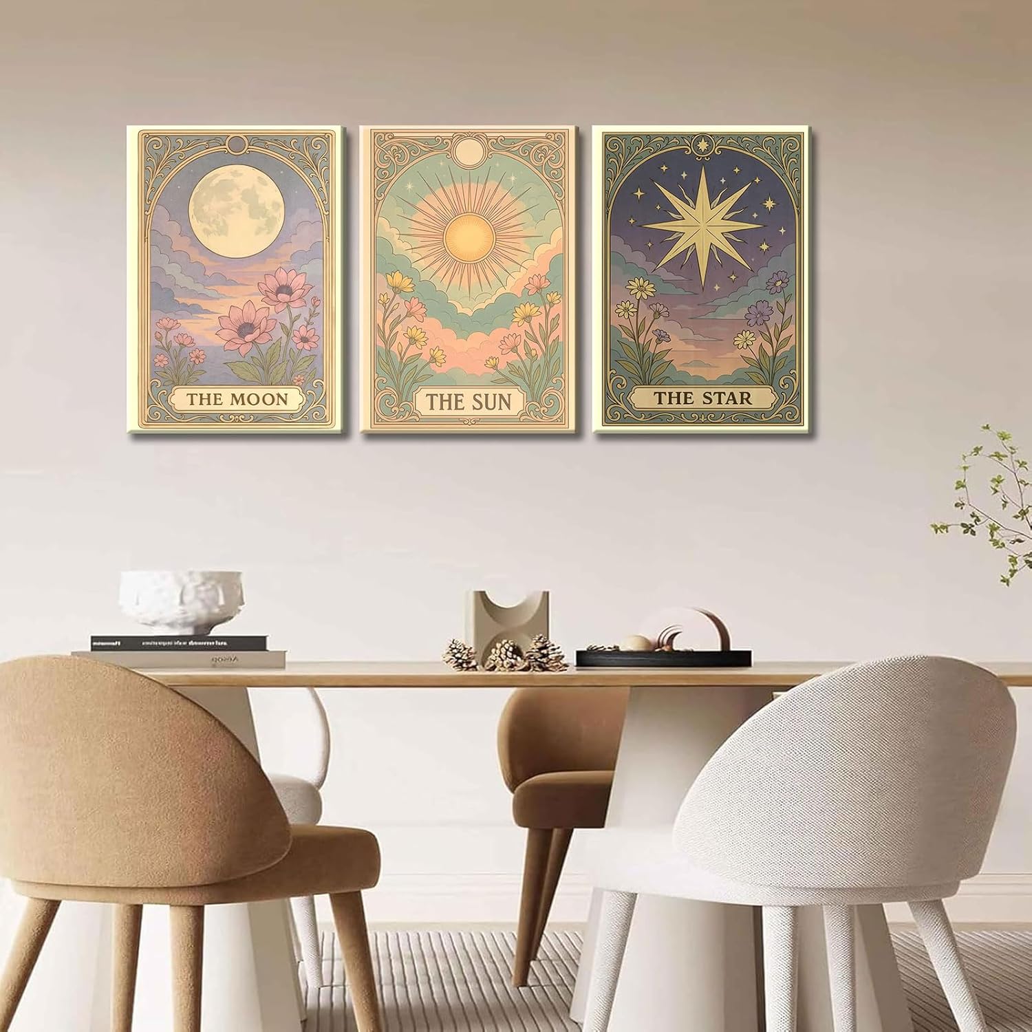 Tiexiku 3Pcs Sun Star Celestial Canvas Wall Art Vintage Tarot Astrology Wall Decor Picture Full Moon Lotus Posters Painting Prints for bedroom Living Room Apartment Bath Study Home Decoration