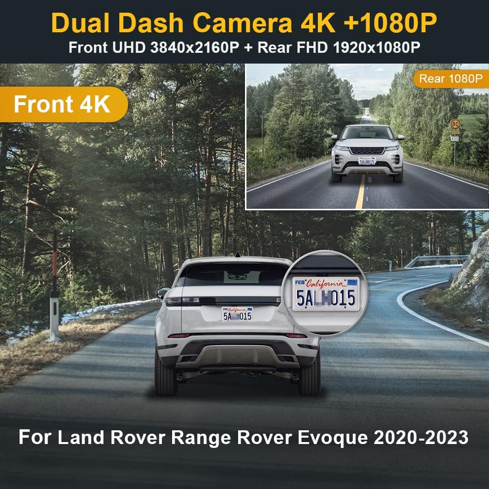 Fitcamx 4K Dual Dash Cam Adapts for Land Rover Range Rover Evoque 2020 2021 2022 2023 2024 (Model 1118/L551), OEM Look, Front 2160P+Rear 1080P Video, WiFi & APP, Loop Recording, G-Sensor, 128GB Card