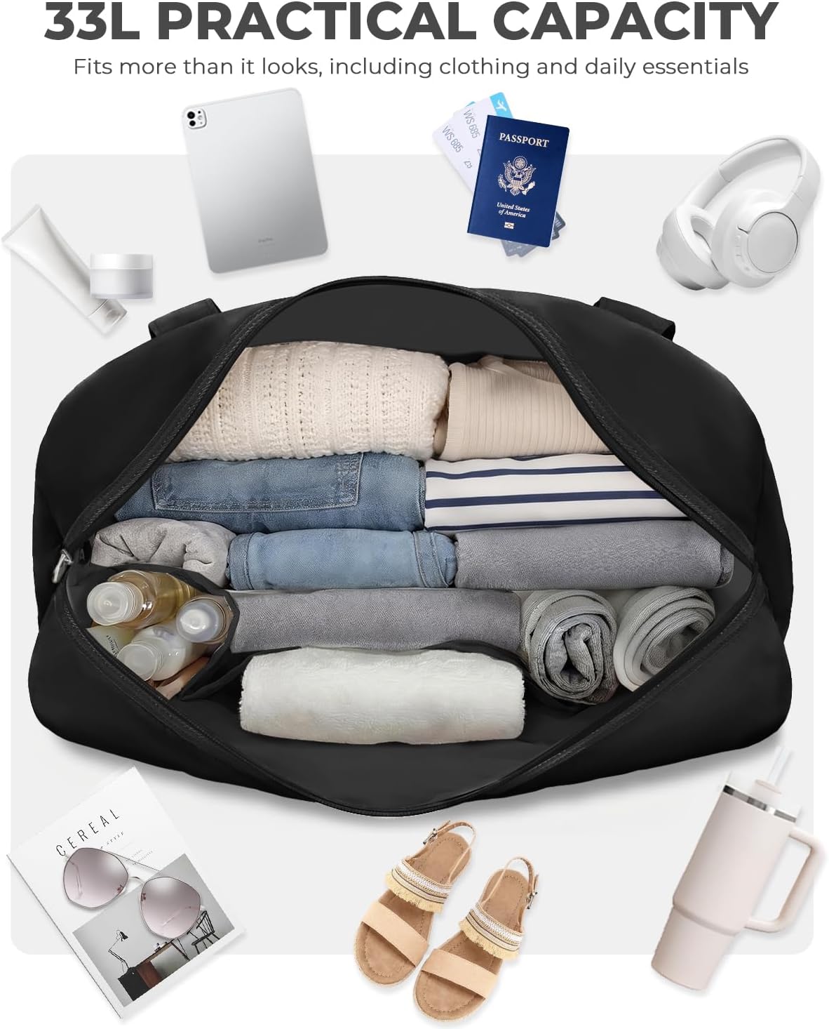 Percover Weekender Travel Duffel Bag for Women, Lightweight Soft-Structure 33L Carry-On, Water-Resistant Nylon with Shoulder Strap & Trolley Sleeve, Personal Item Friendly, Midnight Black