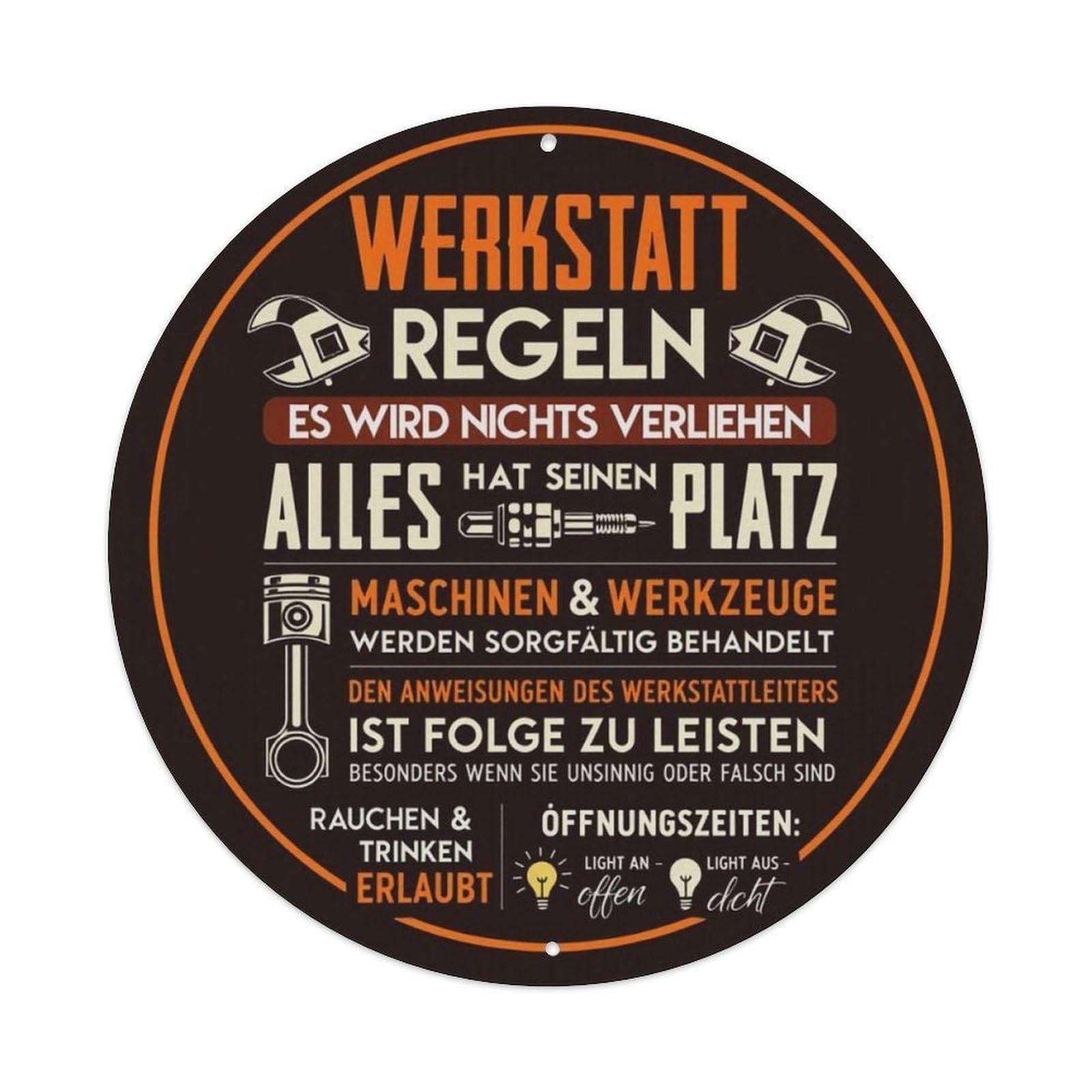 German Garage Workshop Rules Vintage Tool Round Decor Sign Vintage Aluminium Metal Sign, Retro Wall Decor for Home, Bar, Garage & Farmhouse 20x20cm