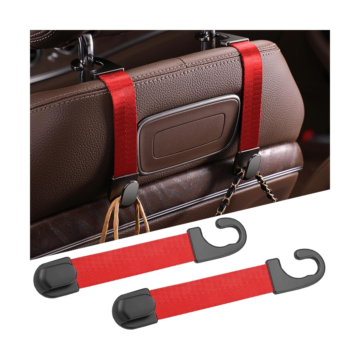 Sandfren Car Headrest Hooks, 2PCS Vehicle Back Seat Storage Organizer Hanging Holder for Purse Bags Grocery, Adjustable Automotive Interior Hanger