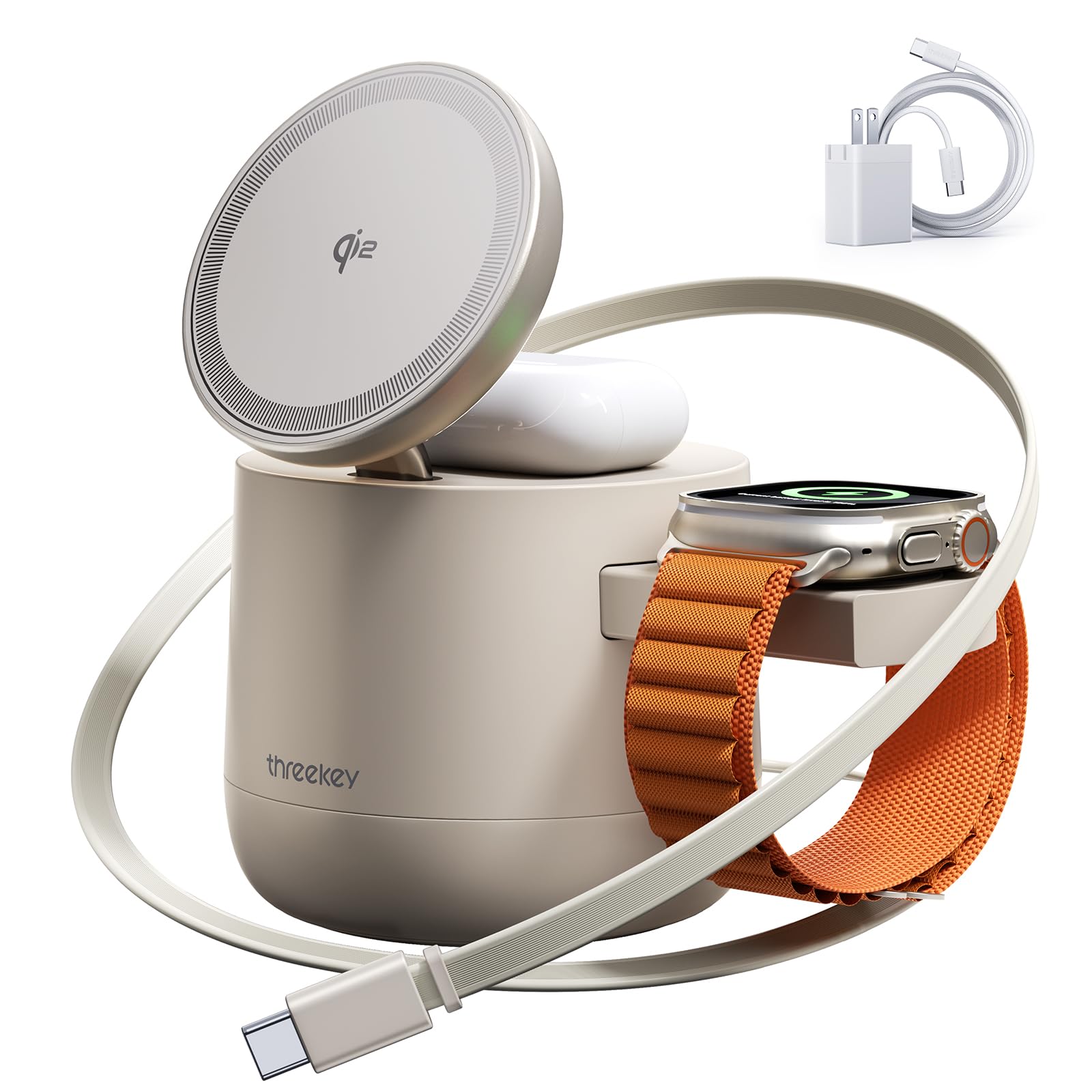 THREEKEY Estación de carga inalámbrica magnética Qi2 4 en 1, cargador inalámbrico rápido de 15 W con módulo de carga hecho para Apple Watch, compatible con iPhone 17-12 Series y AirPods, adaptador de