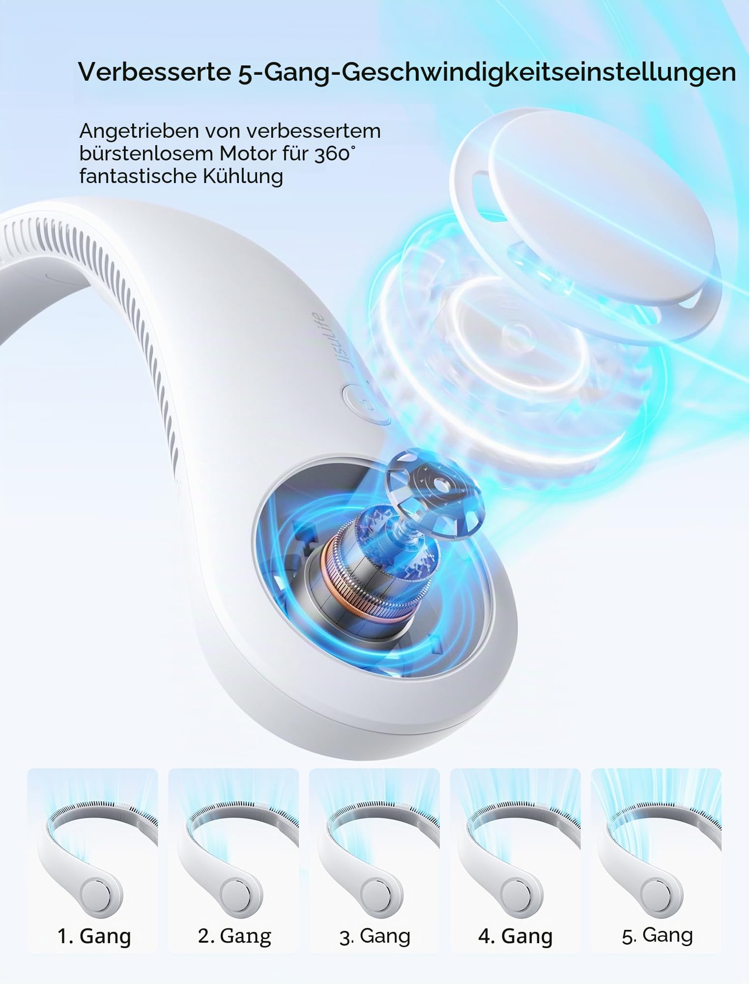 JISULIFE Tragbarer Nackenventilator, Hals-Ventilator ohne Flügel, 5 Geschwindigkeiten, 4000 mAh Batteriebetriebener tragbarer persönlicher Ventilator, Geschenk für Frauen und Männer - Grau