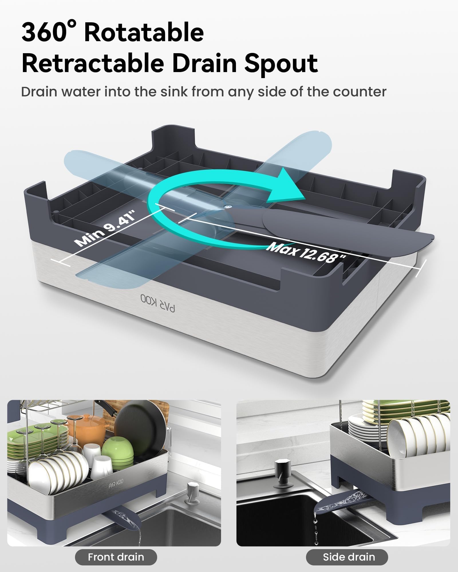 ParKoo Escurridor de platos, extragrande de 2 niveles para encimera de cocina, escurridor de platos de acero inoxidable con boquilla giratoria, estante grande multifuncional con soporte para
