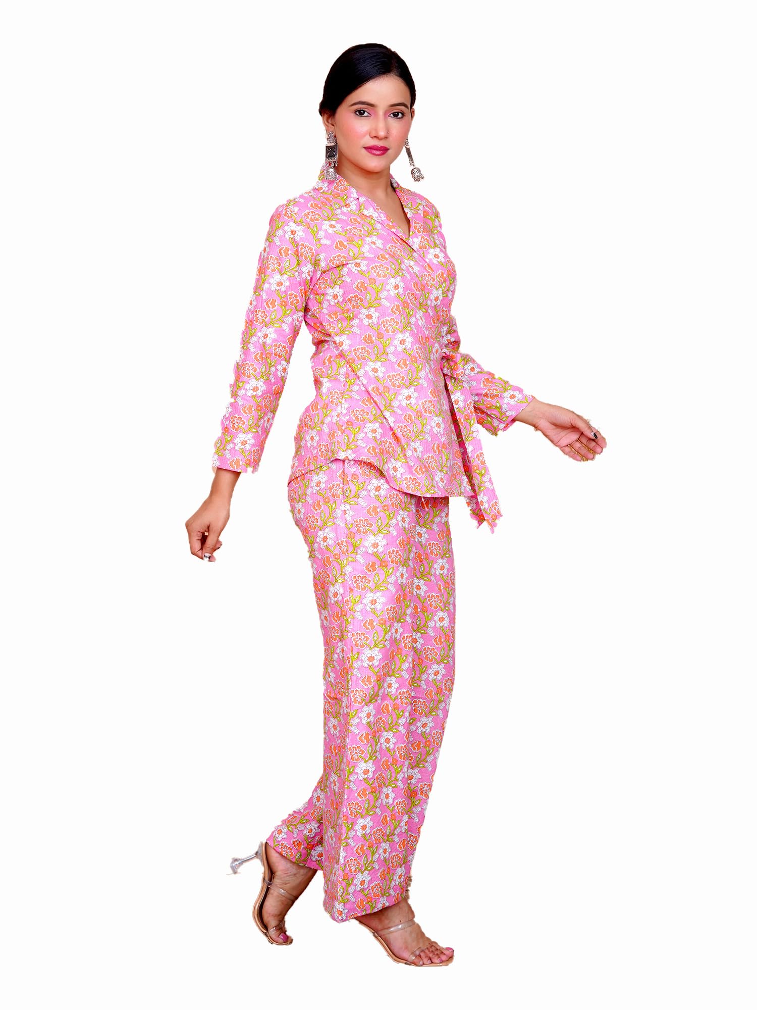 salvia sky Kantha Embroidered Pink Floral Side Tie-Up Blazer-picture-21