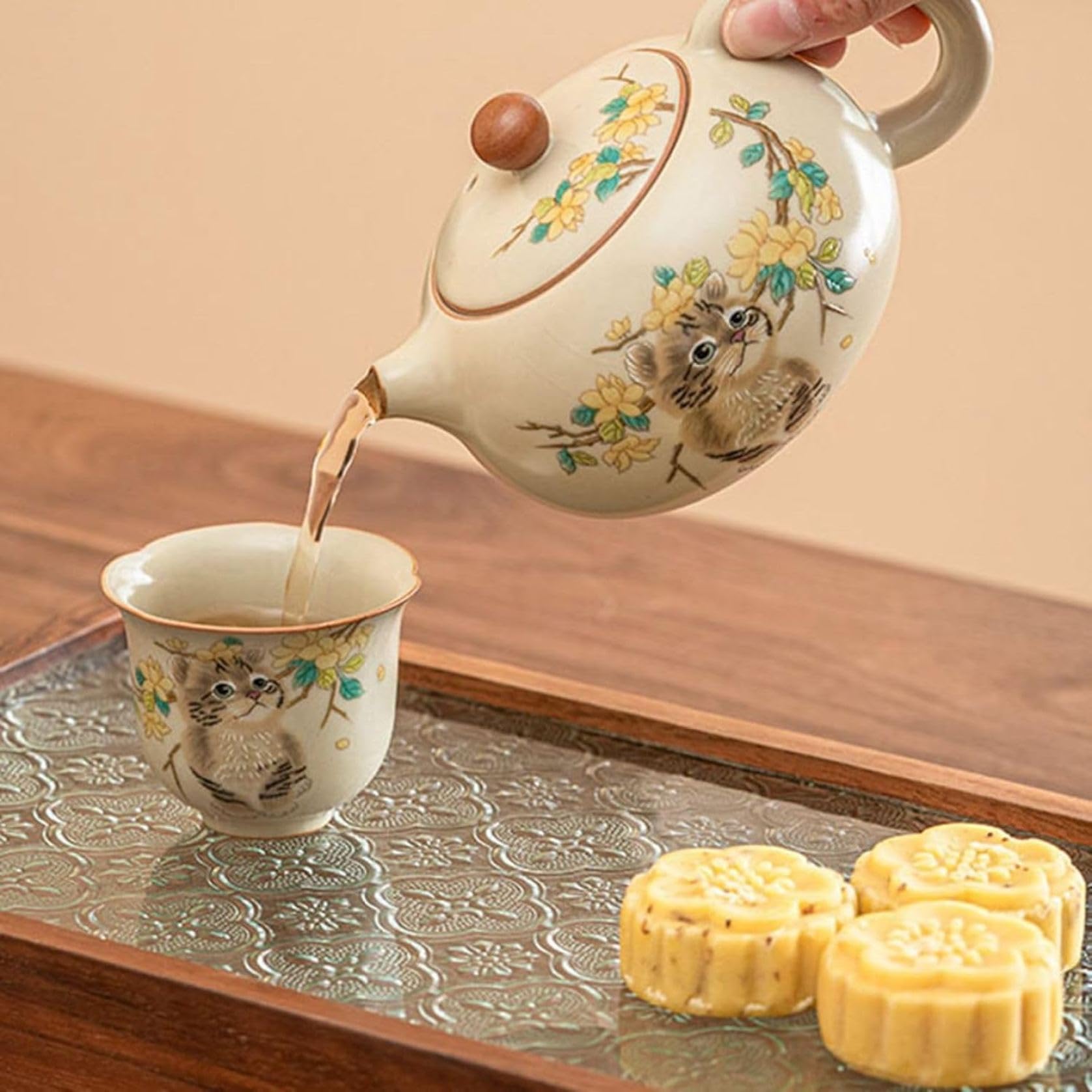 Amazon.co.jp: 湯呑みセット ガラス茶皿 花柄 2客セット 茶器揃 ティー 