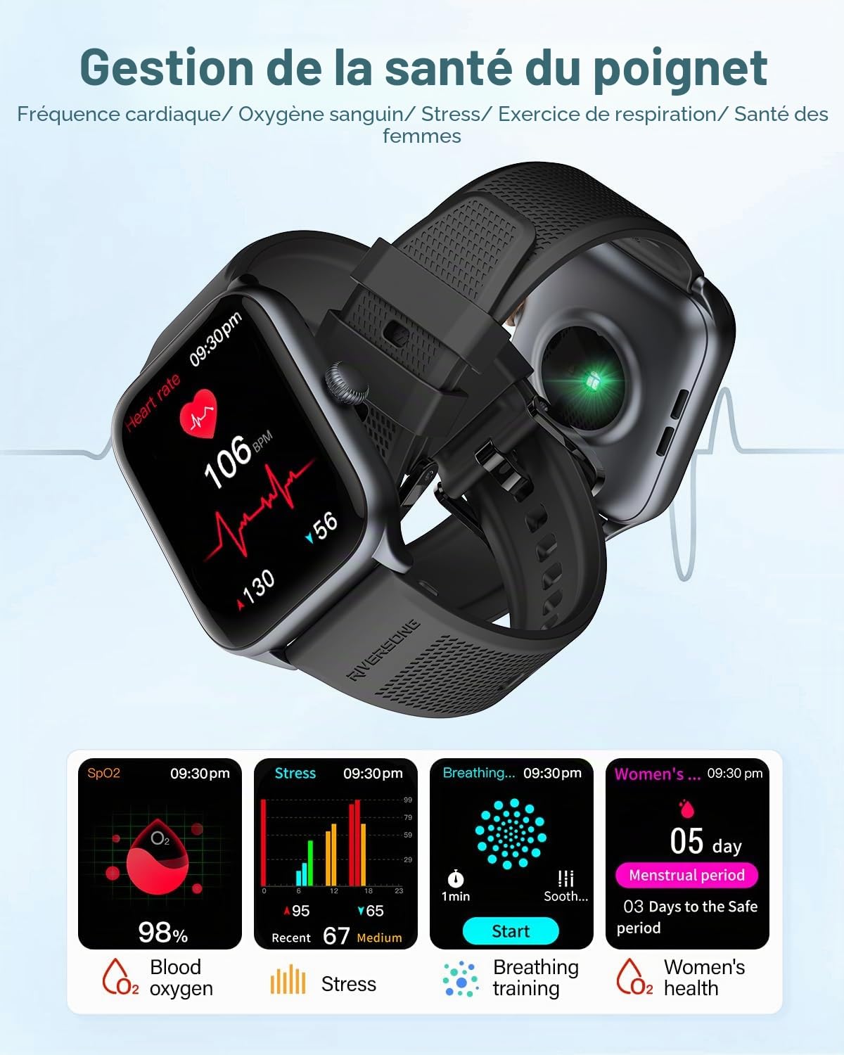 RIVERSONG Montre Connectée Homme Femme avec Appel Bluetooth, 1,85" Smartwatch, 100+ Modes Sportifs, Moniteur de Pouls/Sommeil/SpO2, Assistant Vocal, Compatible avec iPhone et Android, Gris Sidéral