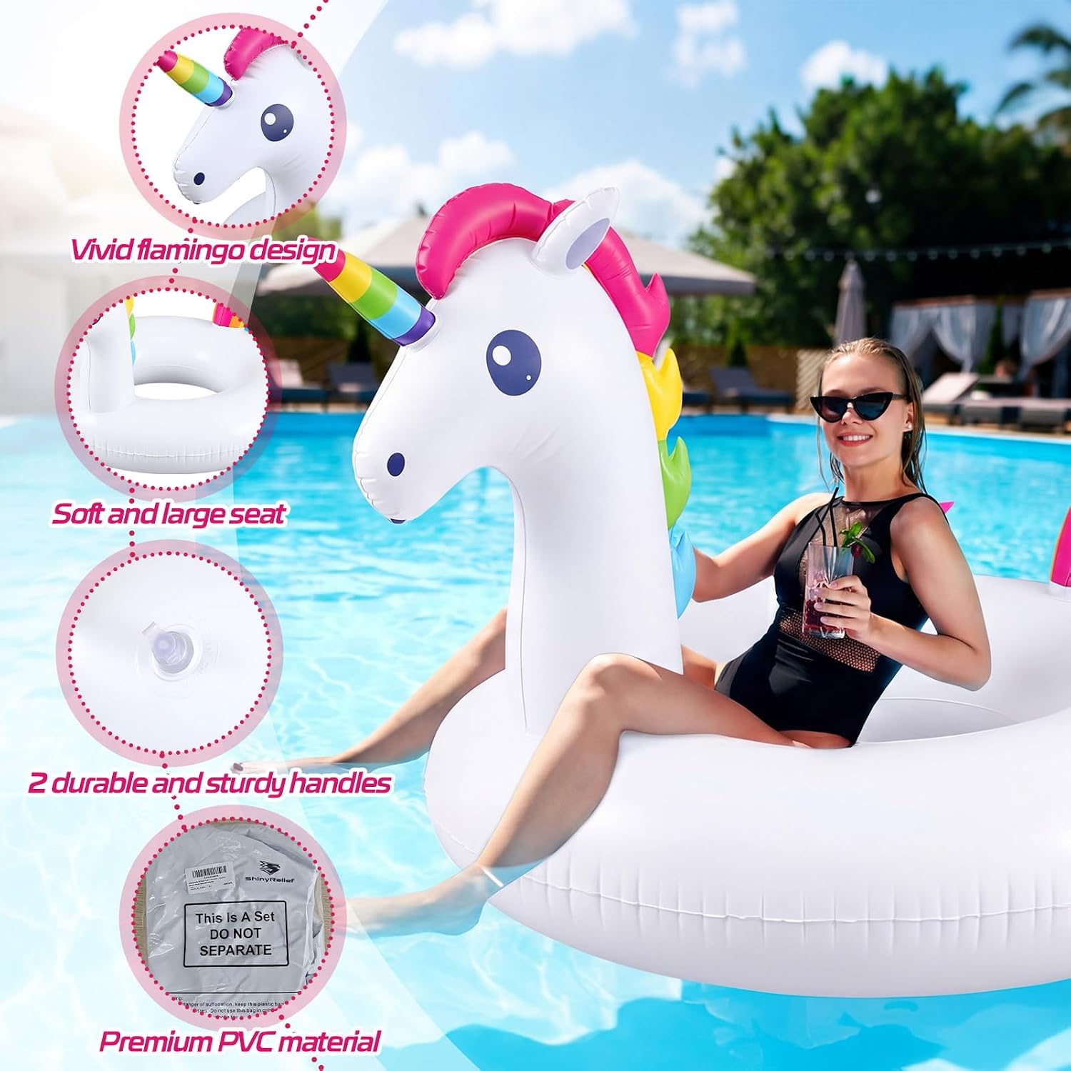 2 Pack Giant Unicorn Pool Floats 45'' Inflatable White Rainbow Unicorn Pool Float Swimming Inflatable Raft for Adults Summer Beach Party Decors Supplies