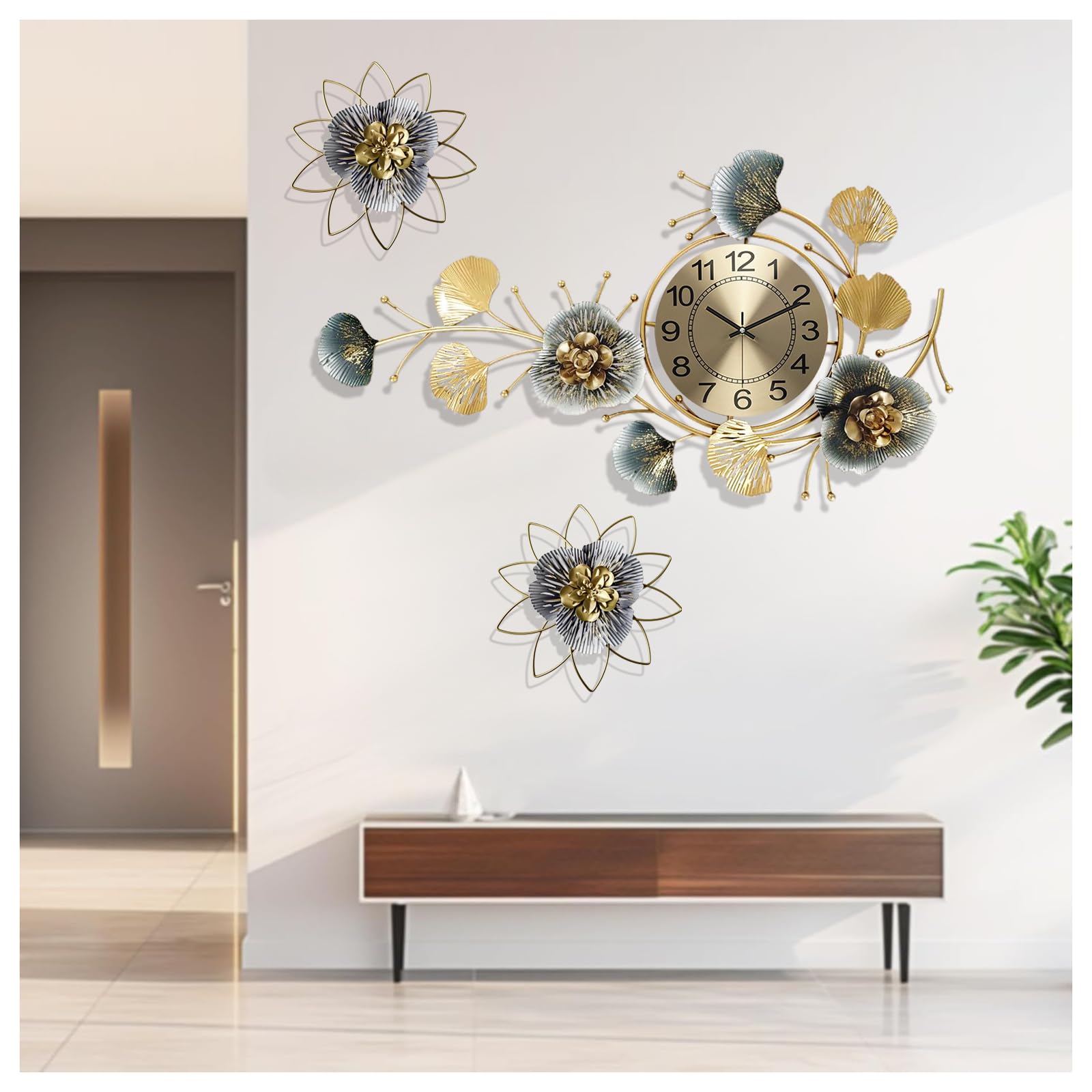 Large Clock for Wall Art Decoration - Metal Ginkgo Leaf Wall Clocks - Silent & Non Ticking Modern Quartz Clock - Home Decorative Art Wall Clocks for Living Room Bedroom Hallway (A, 83 * 48CM)