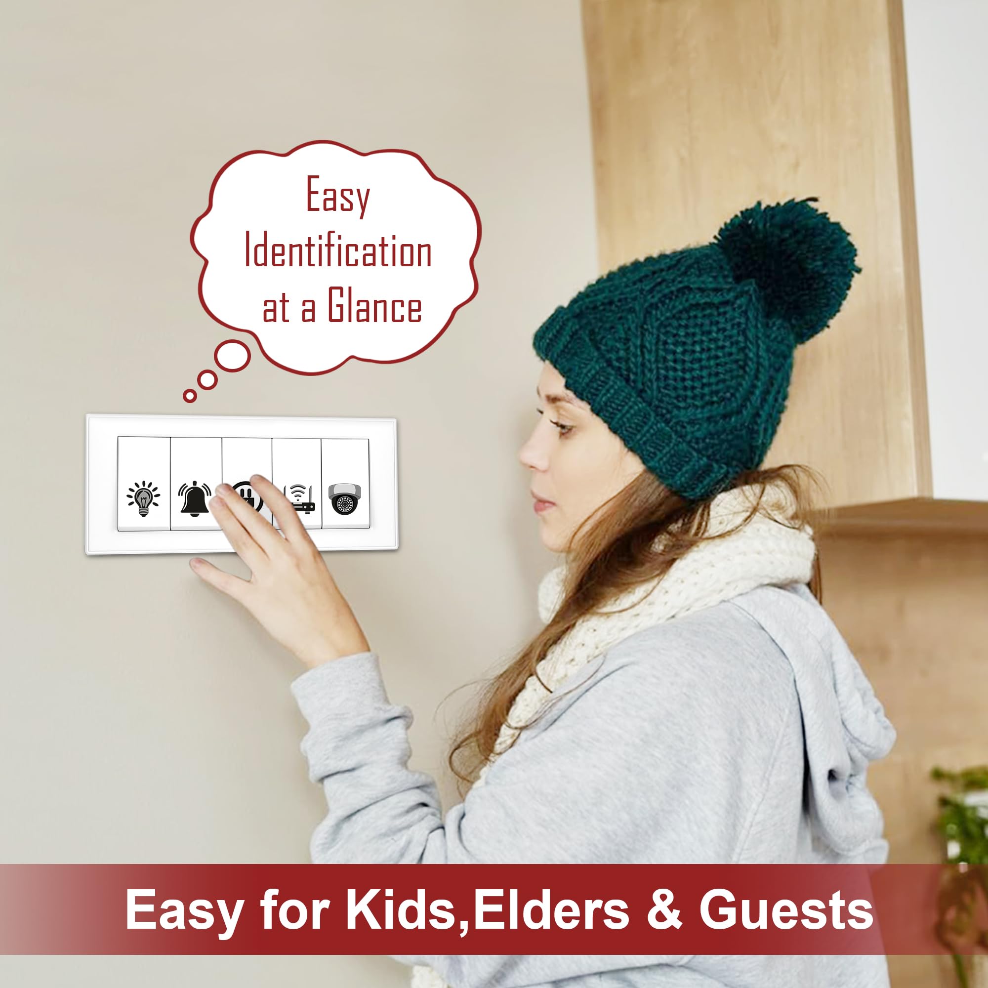 GLUN® 600 Switch Board Stickers 60+ Icons (Monochrome Black) | Luxury Vinyl Decorative Switch Stickers for Home, Hotel, Office & School | Self Adhesive, Waterproof & Removable