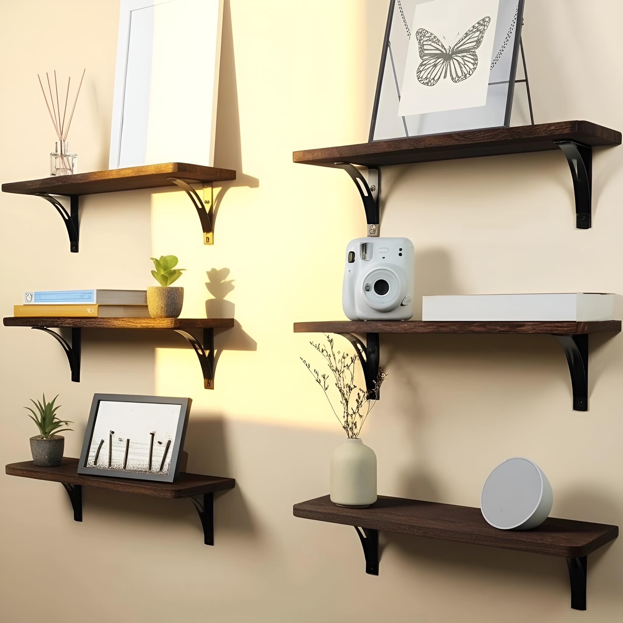 Reinforced Steel Bracket Rustic Brown Shelf - Easy to Install, Template and Video Included - Rustic Shelves for Wall, Bathroom Storage Shelves