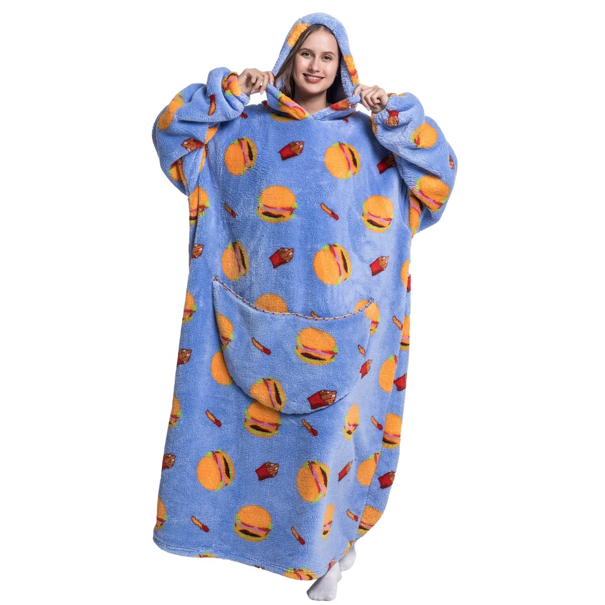 AIFLM Oversized Wearable Blanket Hoodie for Women Men Cute and Funny Patterns Hoodie Sweatshirt Blanket Cozy Warm Hoodie Blanket（Hamburger,Lengthening