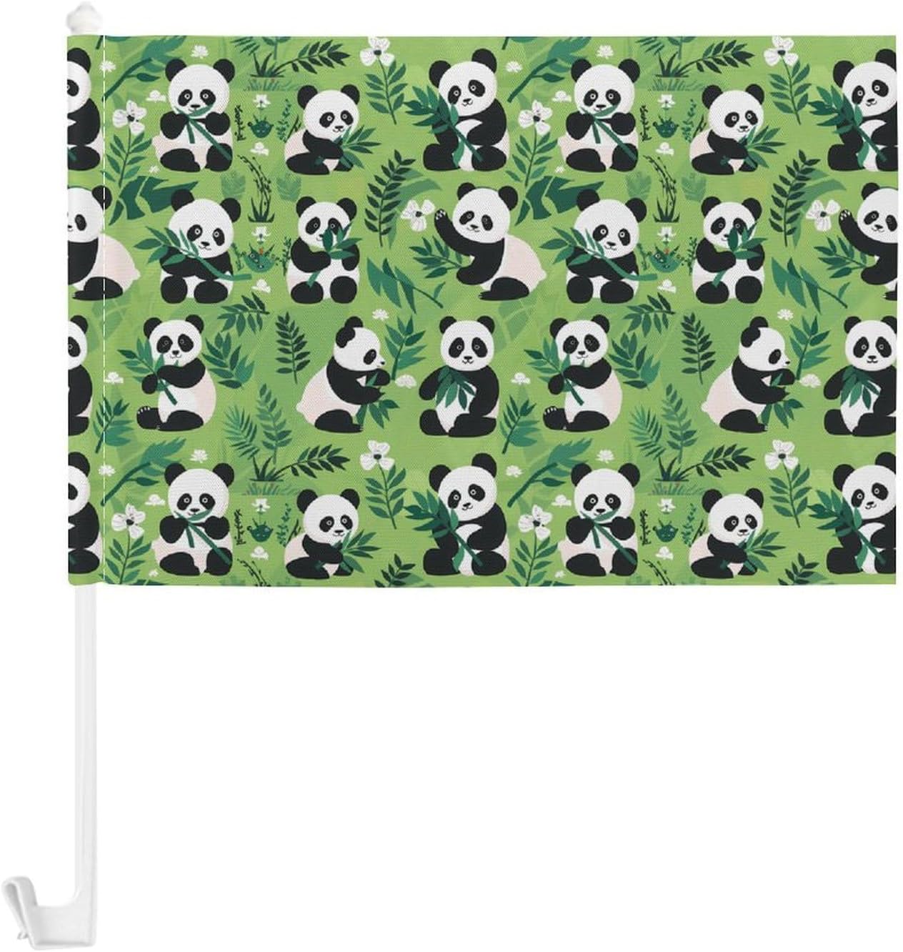 Cute Panda Print Car Flag Polyester Clip Flags Mini Handheld Banners for Auto Outside Travel Decor