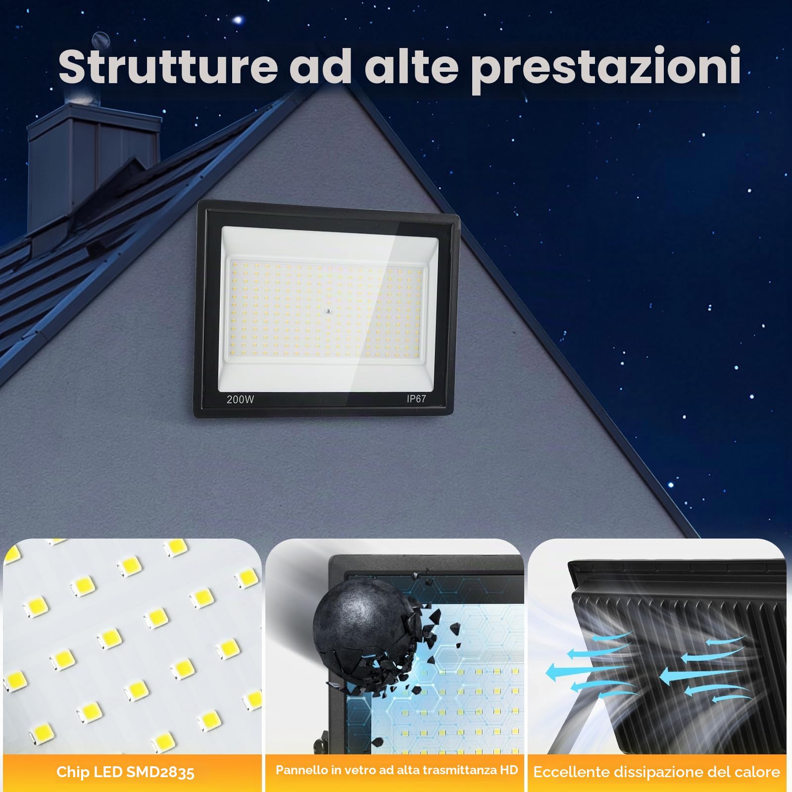 Faretto LED da Esterno 200W,20000LM Luci da Esterno,7000K Luce Bianca Fredda,IP67 Impermeabile,228 LEDs Faretti da esterno per giardino, cortile, garage,vialetto, officina