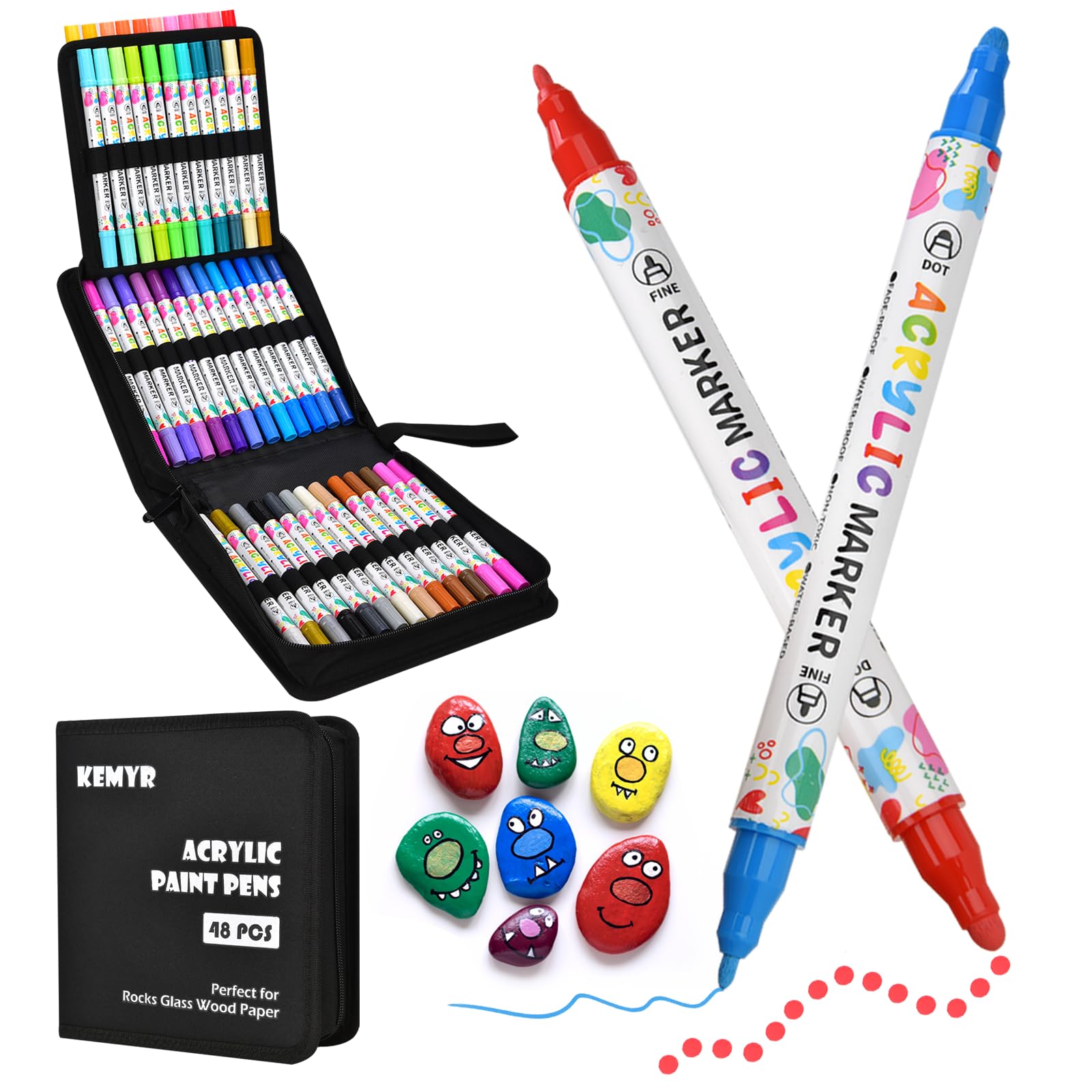KEMYR 48 Farben Acrylstifte Set mit Doppelspitze, Acrylmarker Wasserfeste für Steine, Holz, Glas & Papier,Acrylic Paint Marker Set für Erwachsene zum Zeichnen,Acrylic Paint Pen für DIY-Bastelprojekte