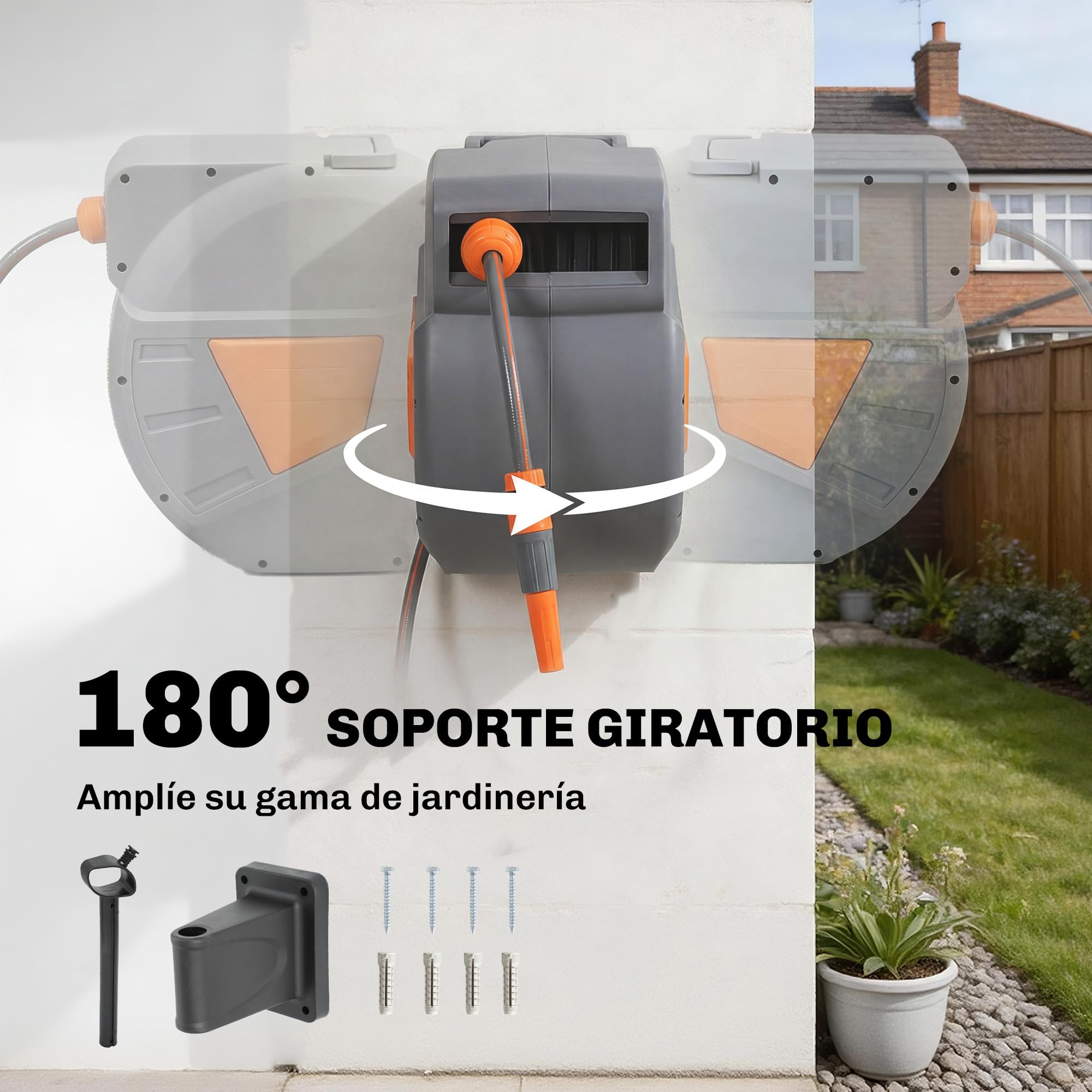 Outsunny Enrollador de Manguera para Jardín 20+1,6 m con Boquilla de 2 Modos, Carrete de Manguera de Jardín de Pared con Bloqueo Automático y Retracción Controlada, Soporte Orientable 180°, Naranja