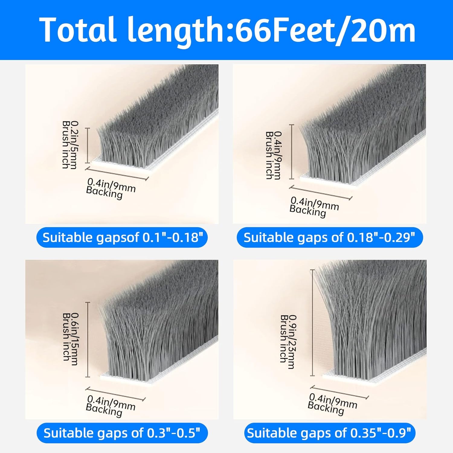 Brush Weather Stripping,Seal-Effective Weather Stripping for Doors & Windows,Insulation Strip for Gap Filling,Draft Stopper for Exterior Doors,Window Seal,and Conditioner,66ft x 0.4inch,Grey