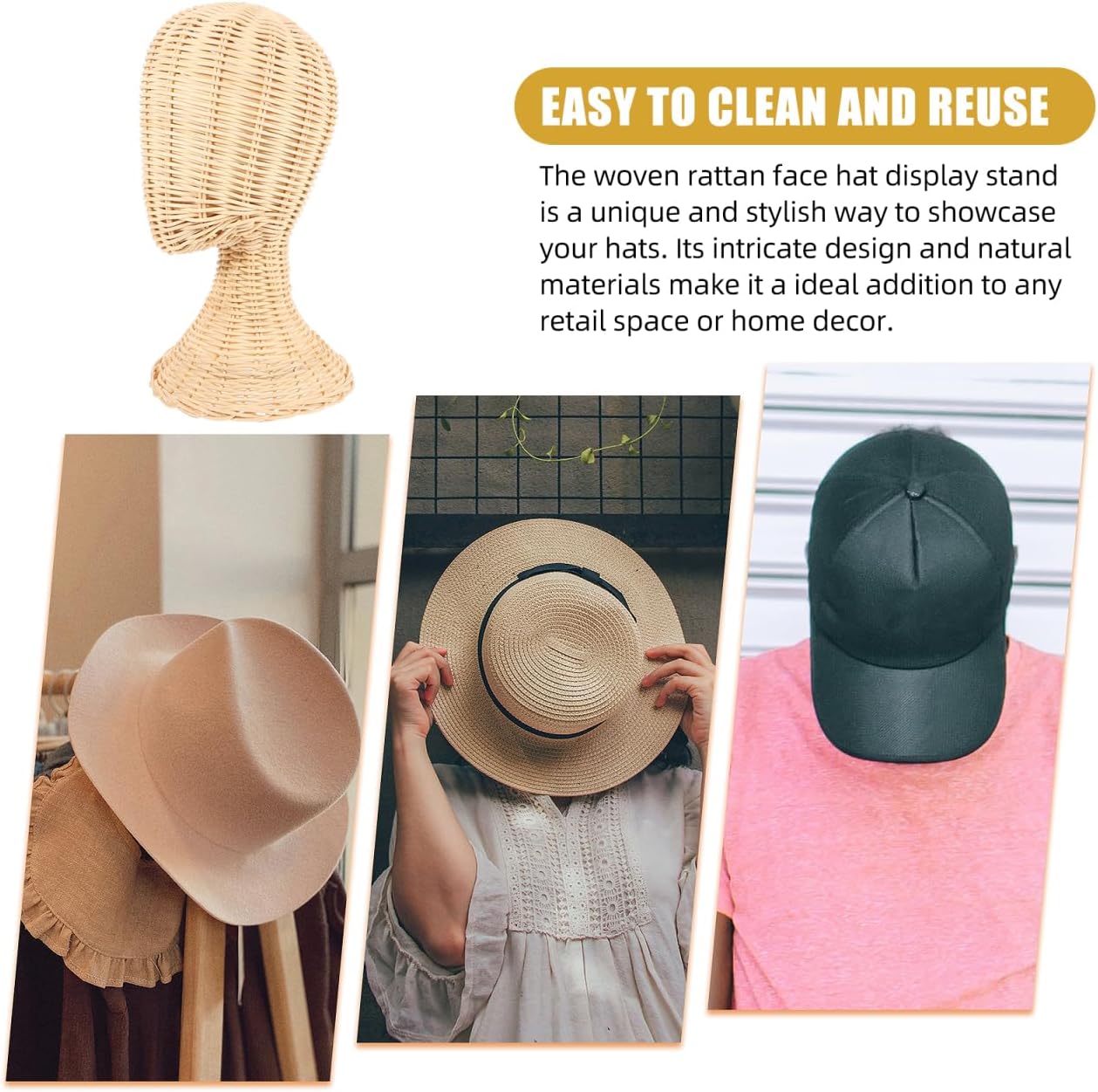 VOSAREA Rattan Mannequin Head Stand Wicker Hat Display Stand Hat Holder Woven Wig Rack for Home, Hair Salon, Showcase