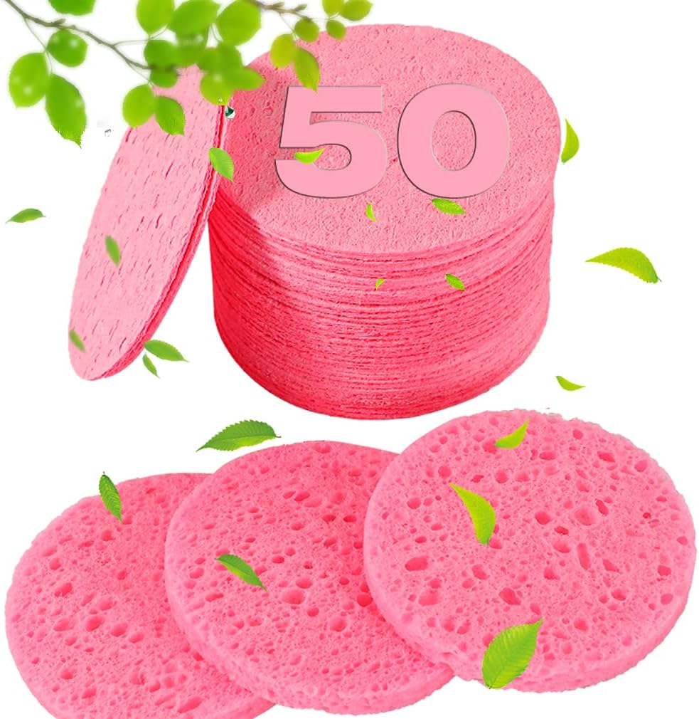 METUUTER 50 PCS Compressed Facial Sponges for Estheticians- 100% Natural Cellulose Face Sponge Professional Cosmetic Spa Sponges for Face Cleansing, Massage, Pore Exfoliating, Mask, Makeup Removal