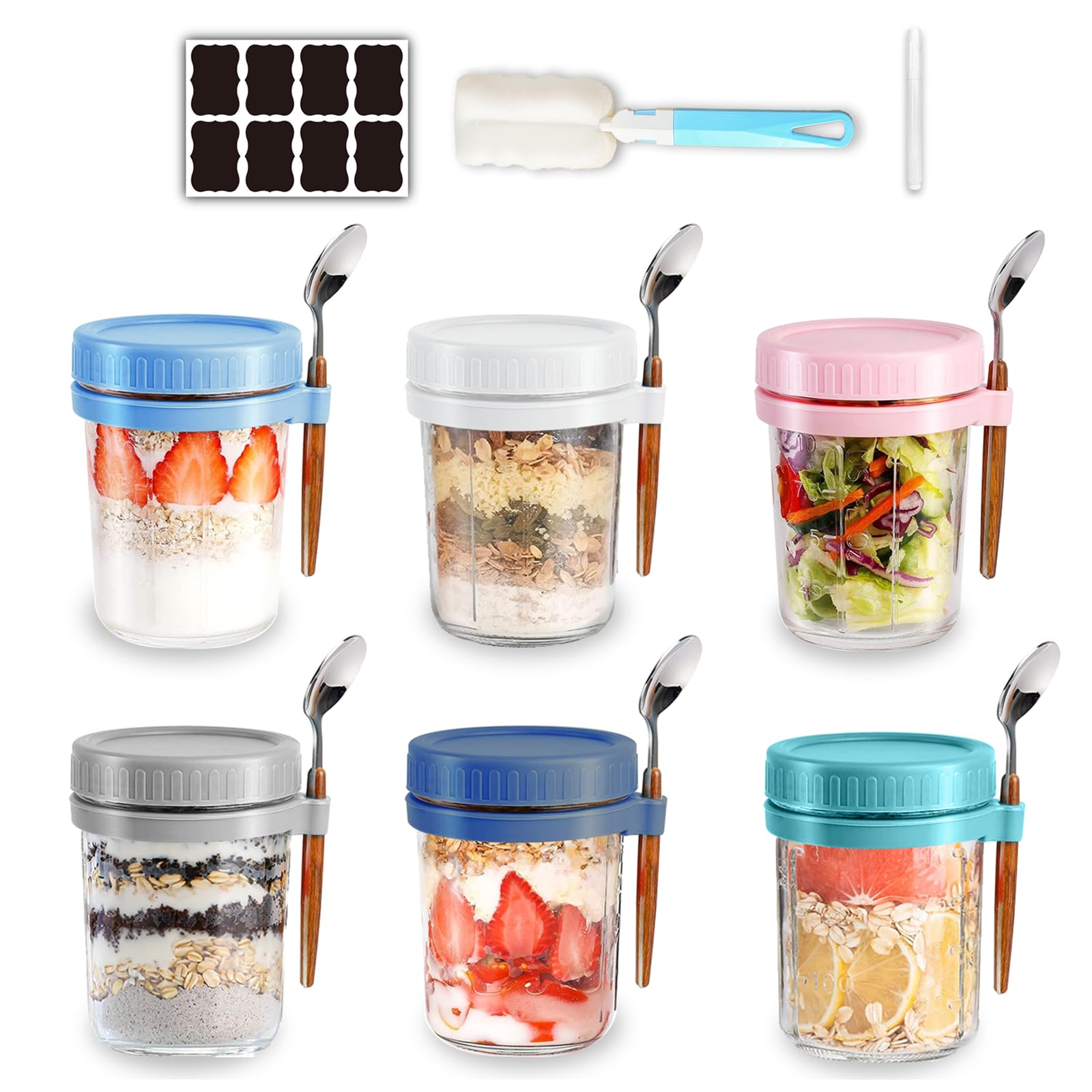 Eidoct Transparent 6 Pack Overnight Oats Containers With Lids And Spoons, 350Ml Glasses, Airtight Oatmeal Container With Measurement Marks, Storage Container For Milk, Cereal, Fruit