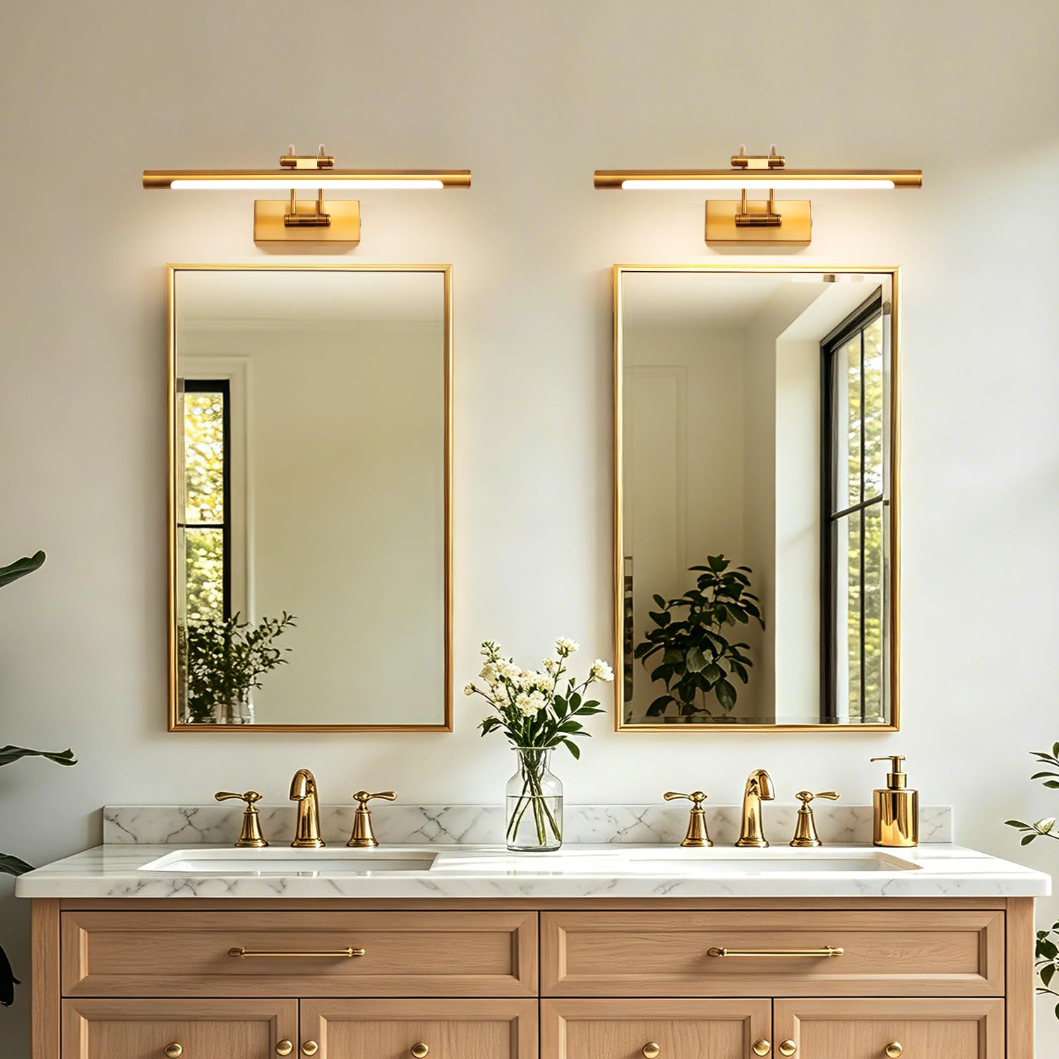 Espejo Baño LED 40cm 8W Luz Pared 3 Temperaturas Regulable Latón | Luz de Pared Arco con Cabeza Giratoria Brillo Regulable, Antivaho, Espejo Iluminado para Baño y Tocador
