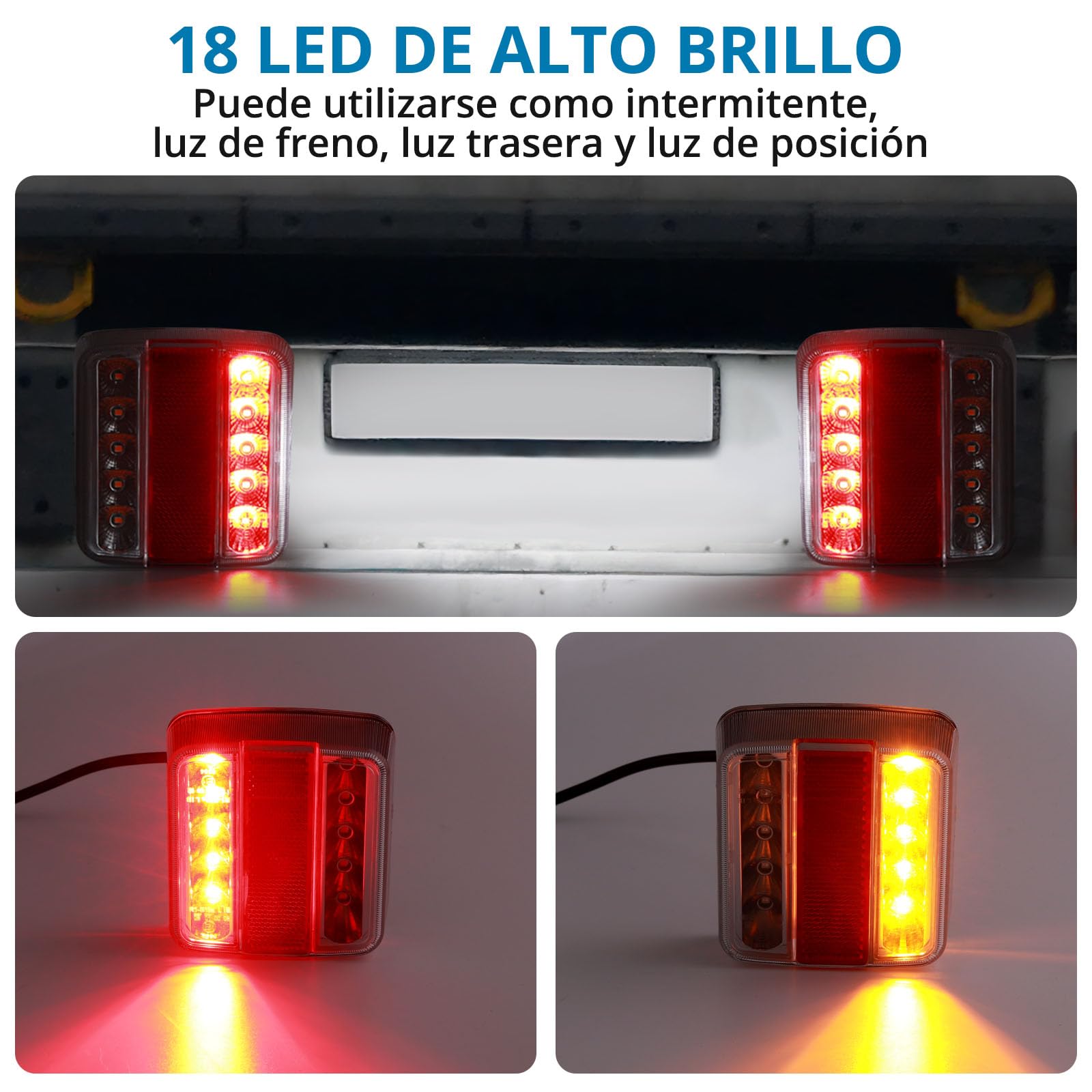 AUTOUTLET 2X Luces Traseras para Remolques Homologado Iluminación del Remolque, Cable 7,5m con Luz de Matrícula, Montaje de Tornillos, Luz Trasera 12V 18 LED para Camión, Remolque, Van Caravan
