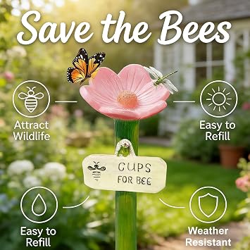Cups for Bees, Flower Shaped Bee Watering Station for Garden, Pollinator Hydration Solution for Outdoor Spaces, Dimensions 14 x 11 cm