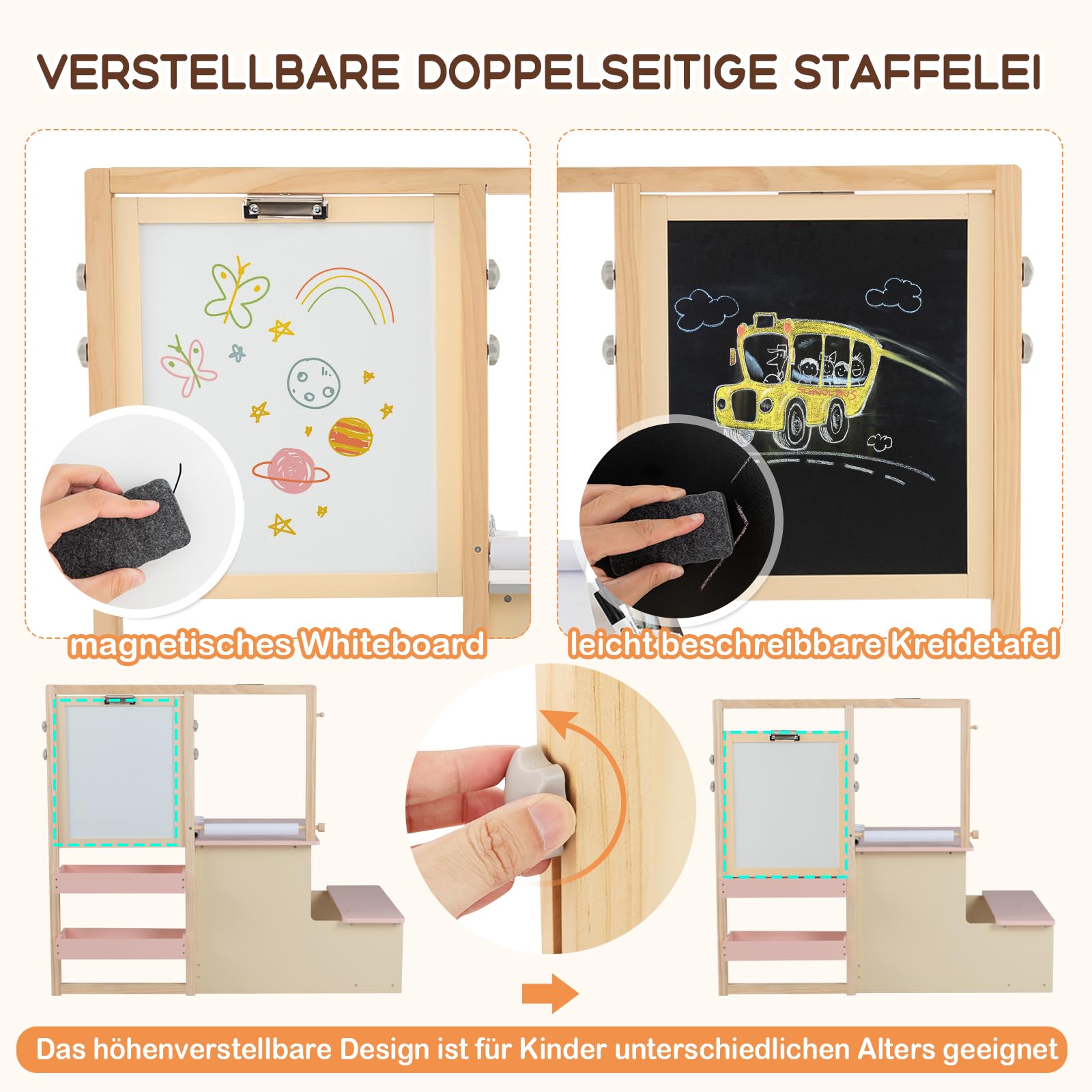 COSTWAY 6 in 1 Kinder Staffelei Set, Standtafel aus Holz mit doppelseitiger Kreidetafel & Whiteboard & Papierrolle, Kindertafel höhenverstellbar mit Bank, Ablagen für Kinder ab 3 Jahren (Rosa)
