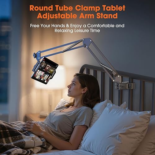 Miniatura 2 de Soporte para tableta para cabecera de tubo redondo, soporte para tableta con brazo ajustable de rotación de 360 grados, soporte universal para