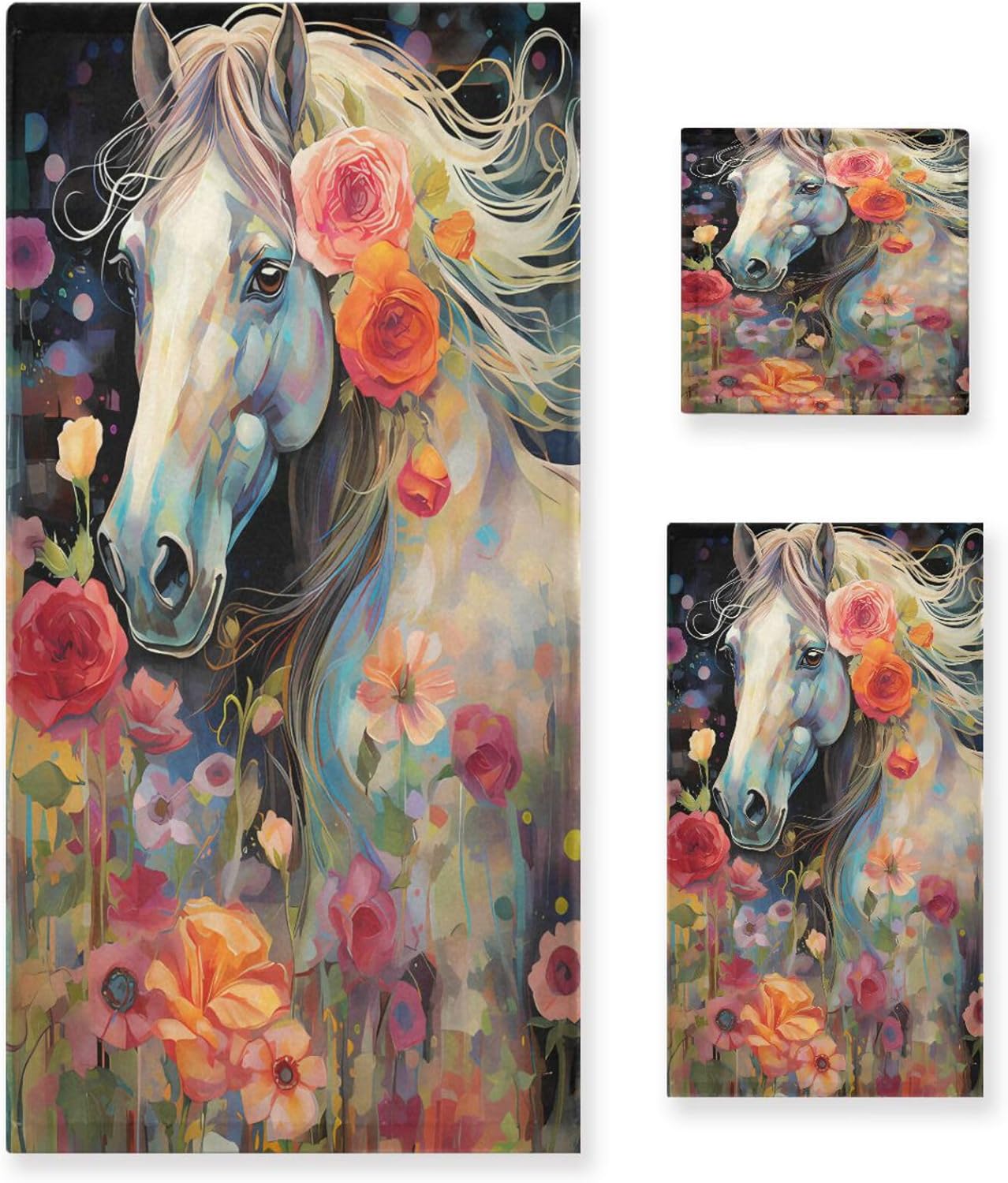 ALAZA Horse with Flowers Bath Towel Set Luxury Decorative Set of 3, 1 Bath Towel 1 Hand Towel 1 Washcloth Soft Multipurpose for for Bathroom Hotel Gym Yoga Spa