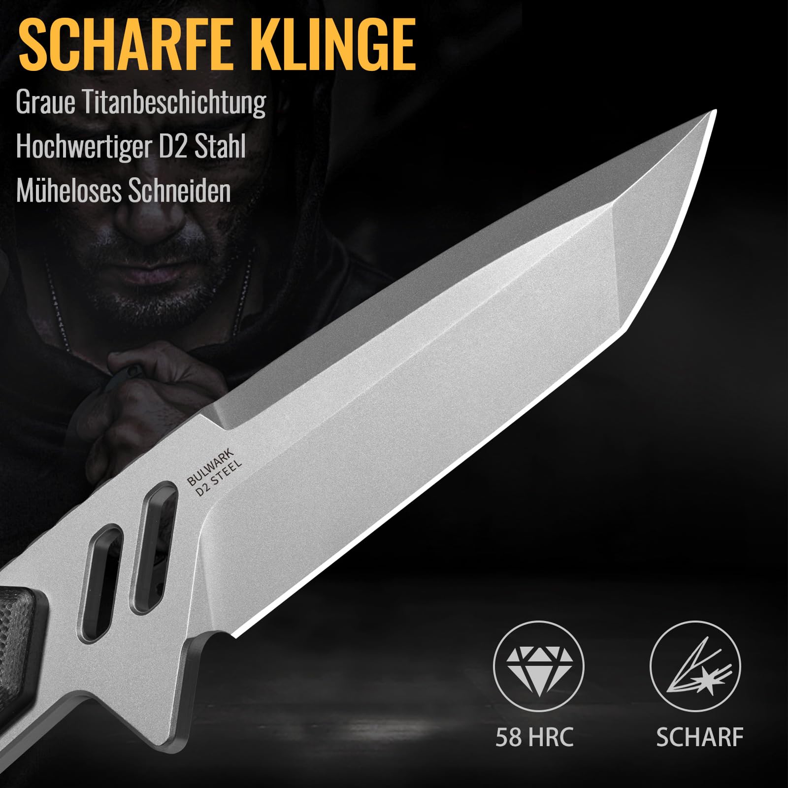 NedFoss BULWARK Jagdmesser 42a Konform, 8.5cm D2 Stahl Full Tang Survival Messer mit Verstellbarer Clip & G10 Griff, Outdoor Messer mit Kydexscheide, Legales EDC Feststehendes Messer