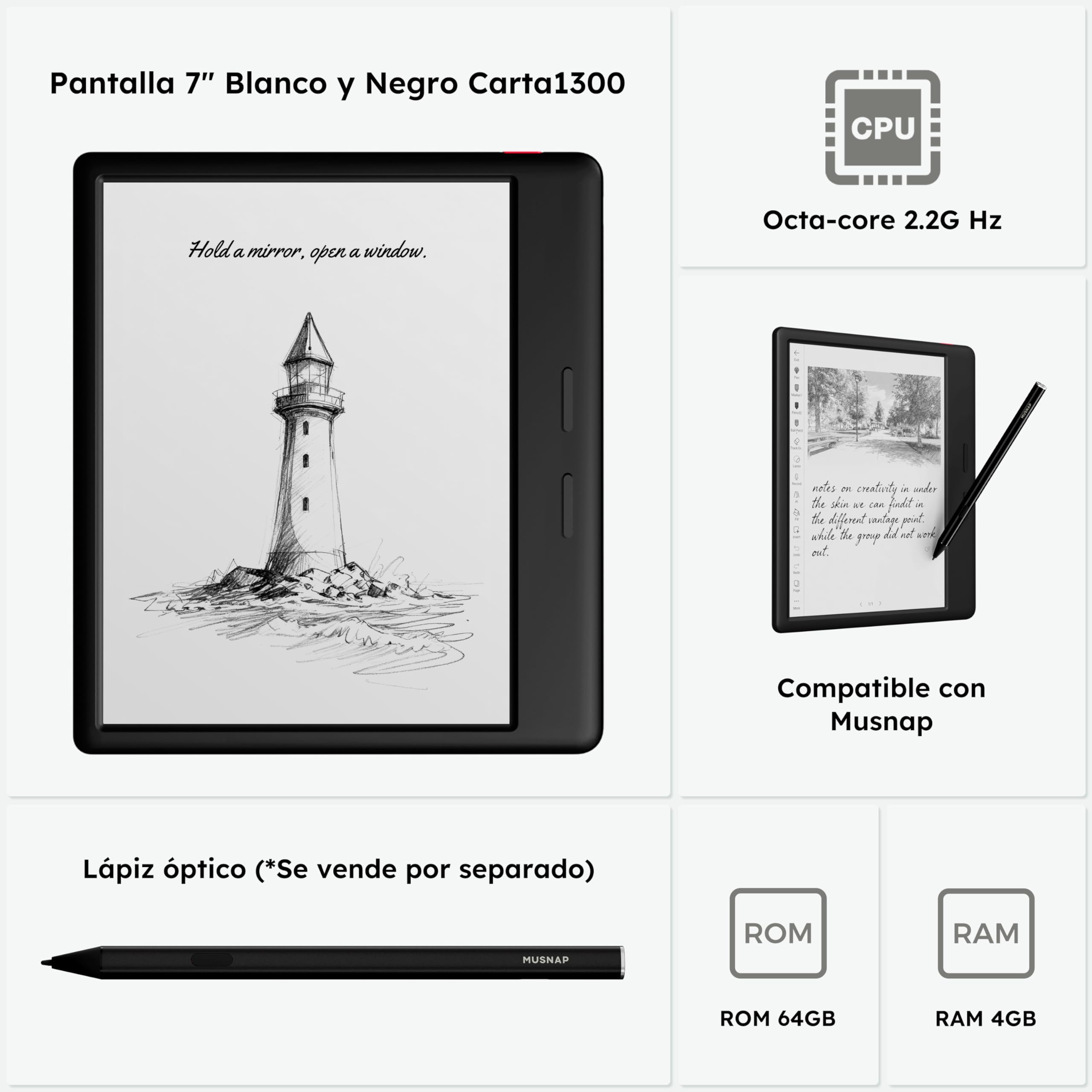 Ocean - Lector de libros electrónicos de 64 GB + 4 GB de 7 pulgadas compatible con escritura a mano, tableta de papel de tinta electrónica de 7 pulgadas con batería de larga duración para leer