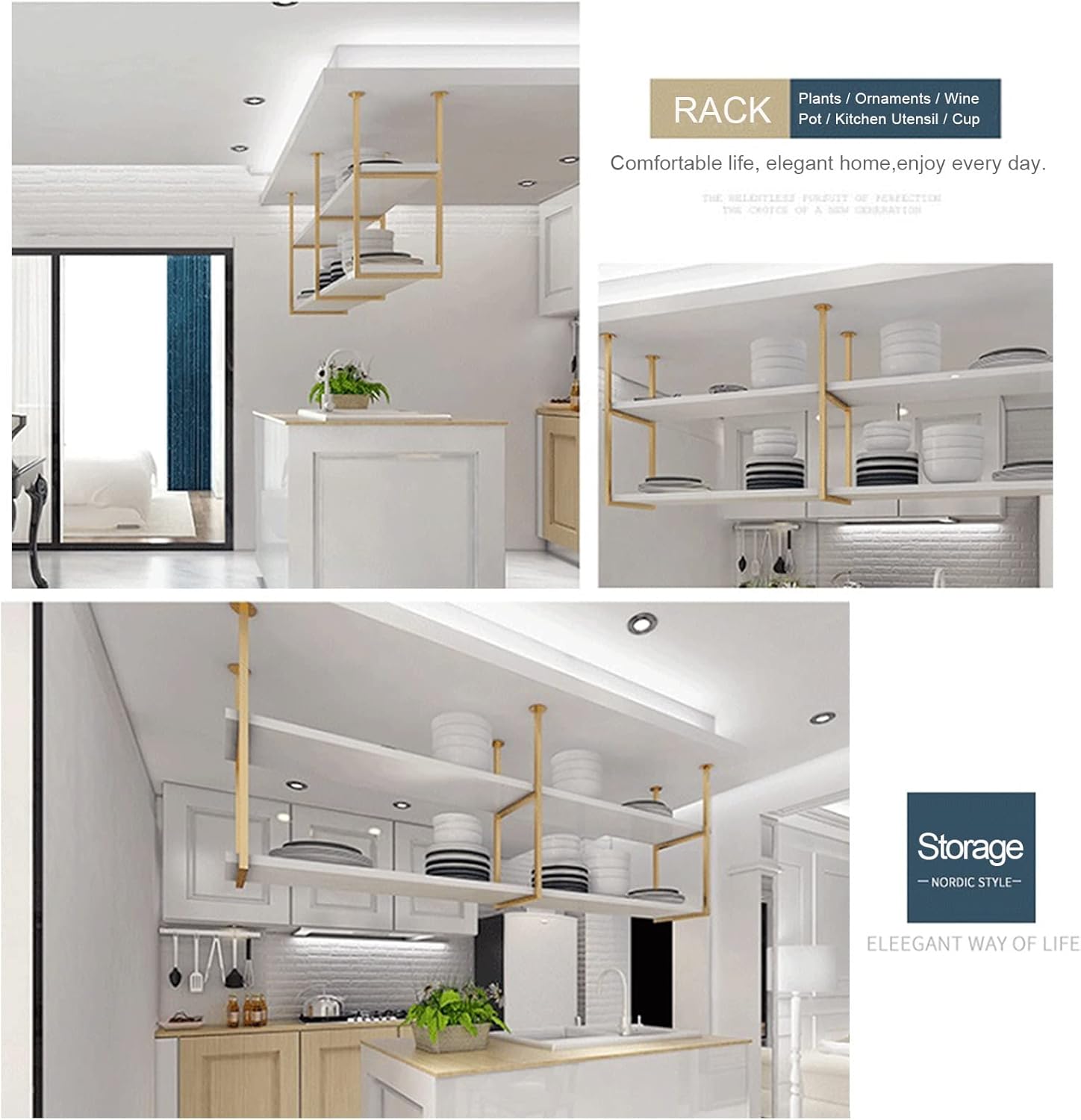 Ceiling Hanging Bar Unit Ceiling Shelf Gold Metal Wine Rack with White Wooden Planks，for Bars/Restaurants/Kitchens Industrial Storage Floating Shelves Suspended Holder (Size : 100x
