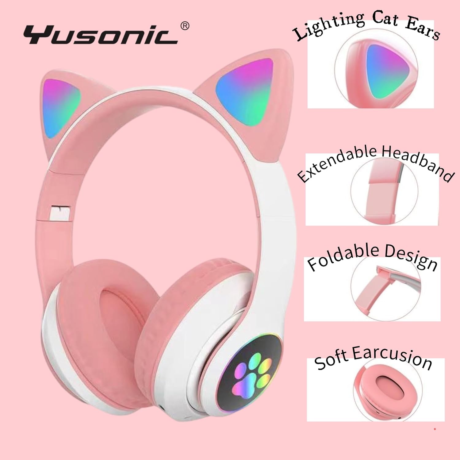 Cat Ear Bluetooth Headphones for Kids & Adults, Wireless Foldable & Wired Multi-Function LED Light Up Over Ear Headphones with Mic and Volume Control for iPhone/iPad/Laptop/PC (White 2) - Image 5