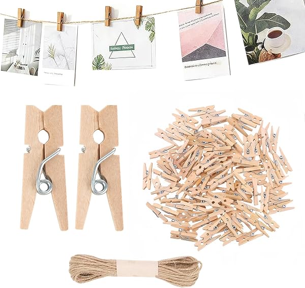 GifBasg mini pinzas de madera, 100 piezas, 10 m cuerda