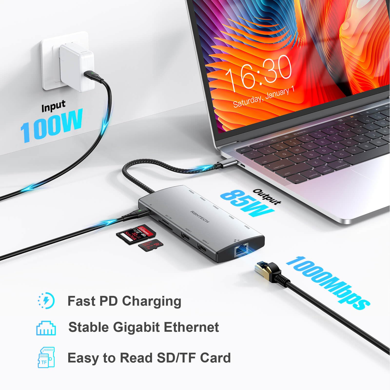 RSHTECH - Estación de acoplamiento USB C, doble monitor, adaptador multipuerto USB C 11 en 1 con 2 HDMI 4K/8K, 3 puertos USB 3.2 de 10 Gbps (2C + 1A), 2 puertos USB 3.0, 100 W PD, Gigabit Ethernet