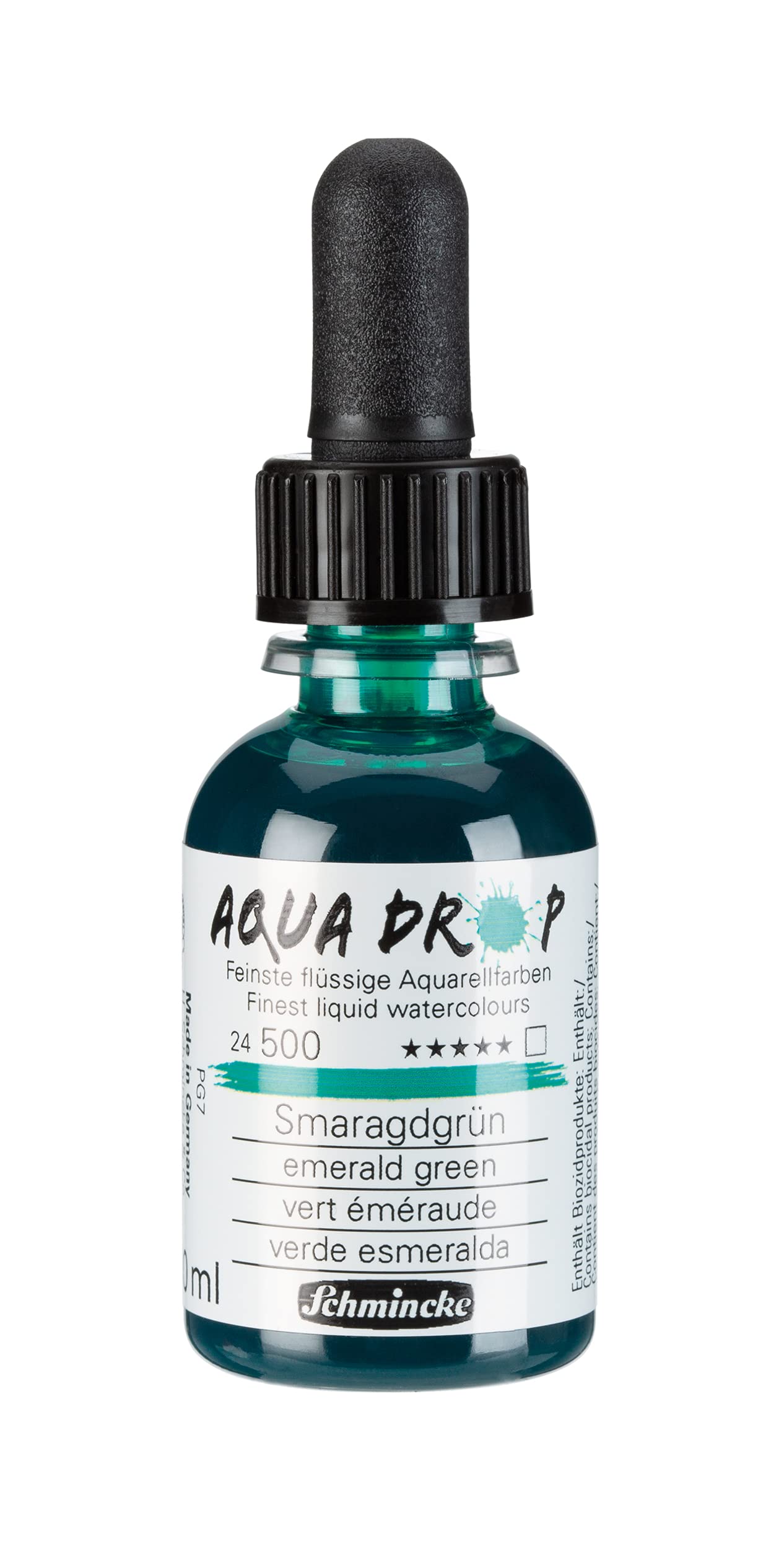 Schmincke - AQUA DROP, acuarela líquida a base de pigmentos, color Verde esmeralda en frasco de 30 ml con pipeta, 24500034, para pintar acuarela, esbozos urbanos, caligrafía, rotulación a mano