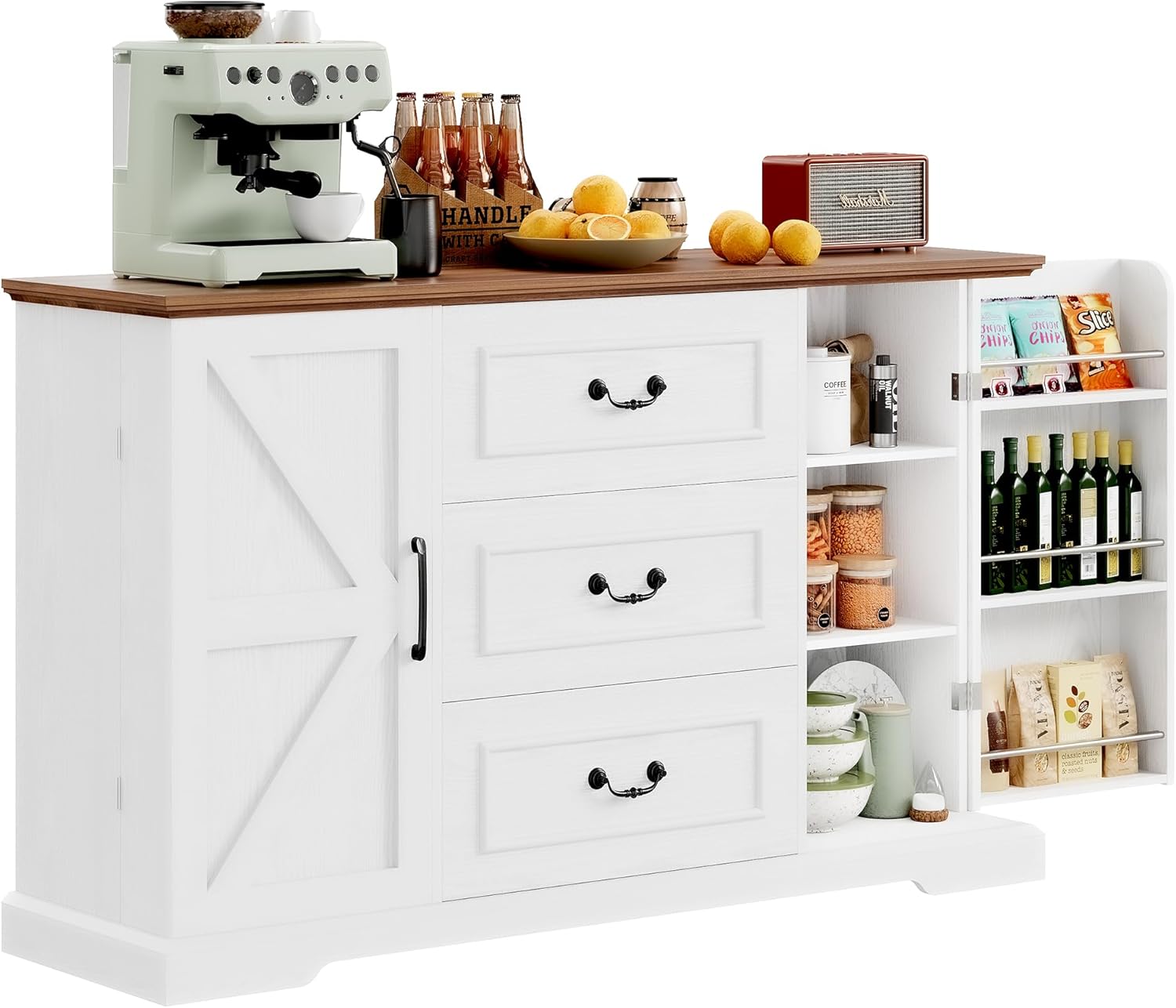 IRONCK Buffet Cabinet used as a coffee bar with one side cabinet open