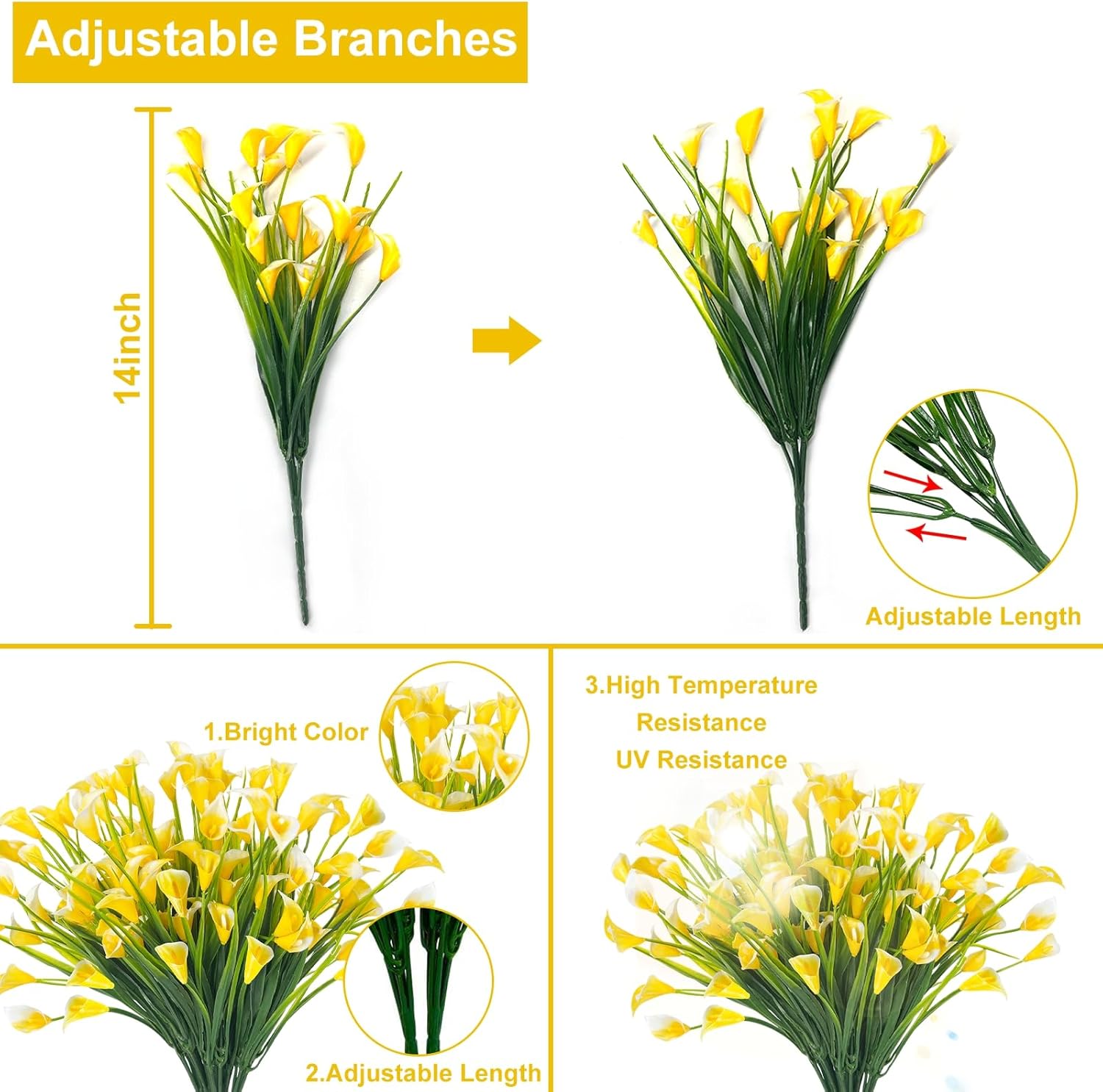 TURNMEON 12 Bundles Calla Lily (240 Heads) Artificial Flowers for Outdoors, Fake Plants UV Resistant Faux Plastic Fake Flowers for Indoor Planter Home Porch Yards Summer Cemetery Spring Decor(Yellow) - Image 2