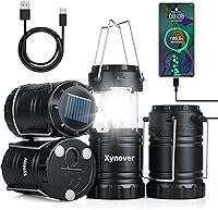 Xynover Solar Camping Lantern 4-Pack: Rechargeable LED with Magnetic Base, Foldable Hook, Power Bank for Hiking, Outages & Emergencies