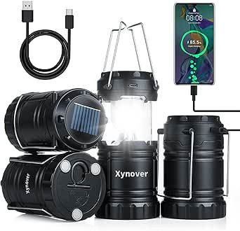 4-Pack Solar Camping Lanterns, Rechargeable LED with USB/Solar/AA Battery, Magnetic Base, Hanging Hook, Collapsible, Waterproof for Emergency, Hiking, Hurricane, Campsites, Power Outages