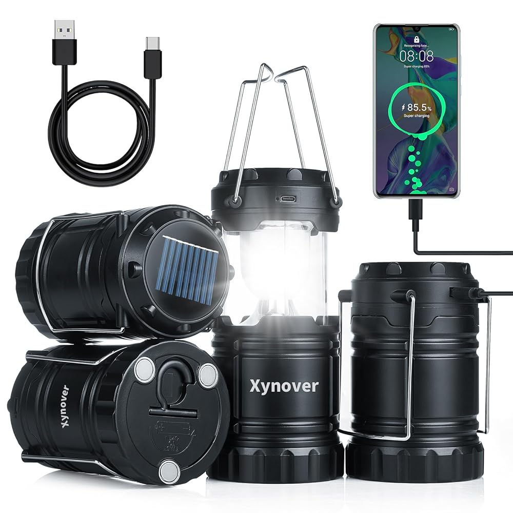 Xynover 4-Pack Solar Camping Lanterns,Rechargeable LED with USB/Solar/AA Battery,Magnetic Base,Hanging Hook,Collapsible, Waterproof for Emergency, Hiking,Hurricane,Campsites,Lanterns for Power Outages